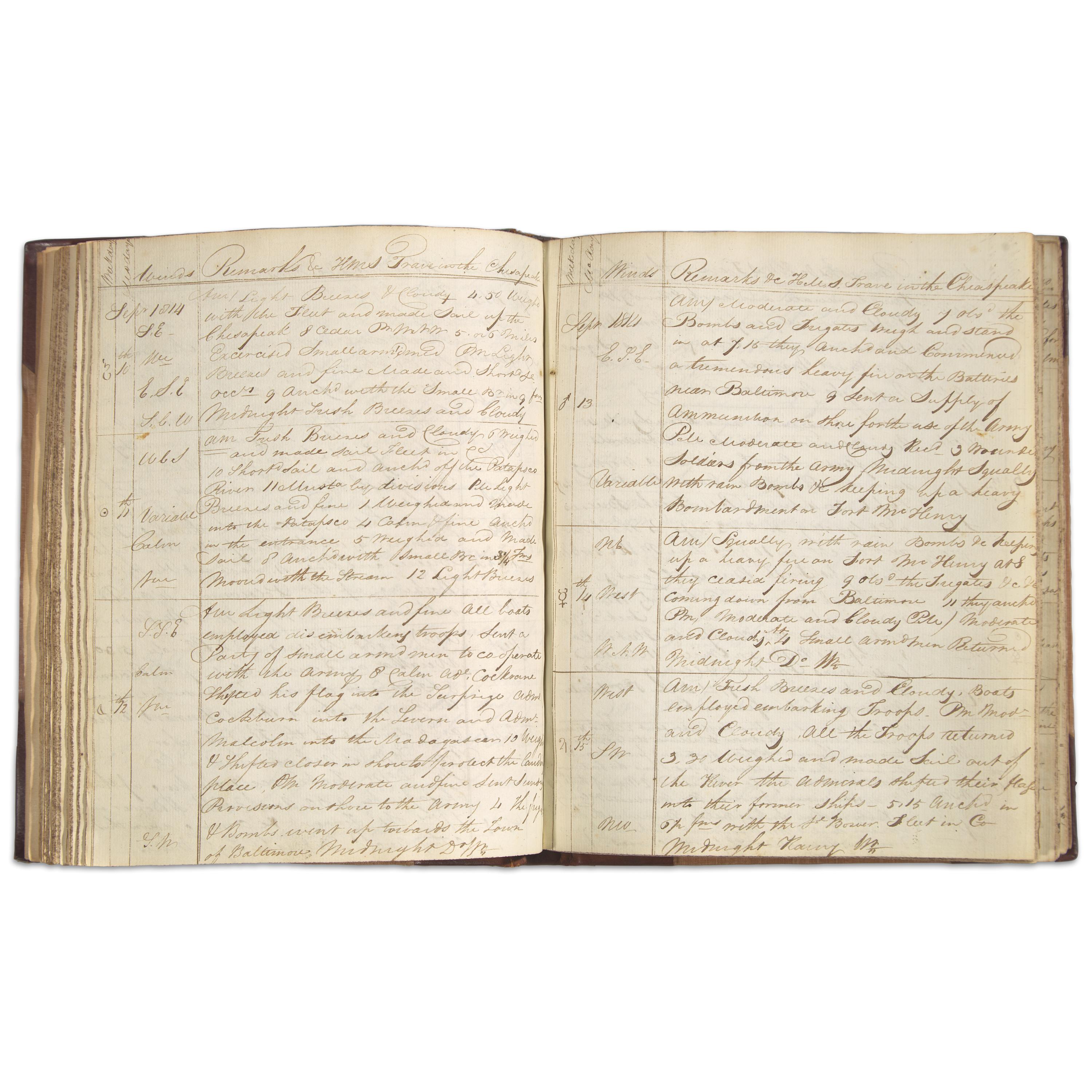*[Star-Spangled Banner] Eyewitness Account of the Shelling of Fort McHenry in the War of 1812, in a Manuscript Logbook from the HMS Trave , Present at the Battles of Baltimore and New Orleans, 1814-16