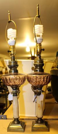 A Pair of Victorian Glass and Marble Table Lamps Height overall 29 3/8 inches.