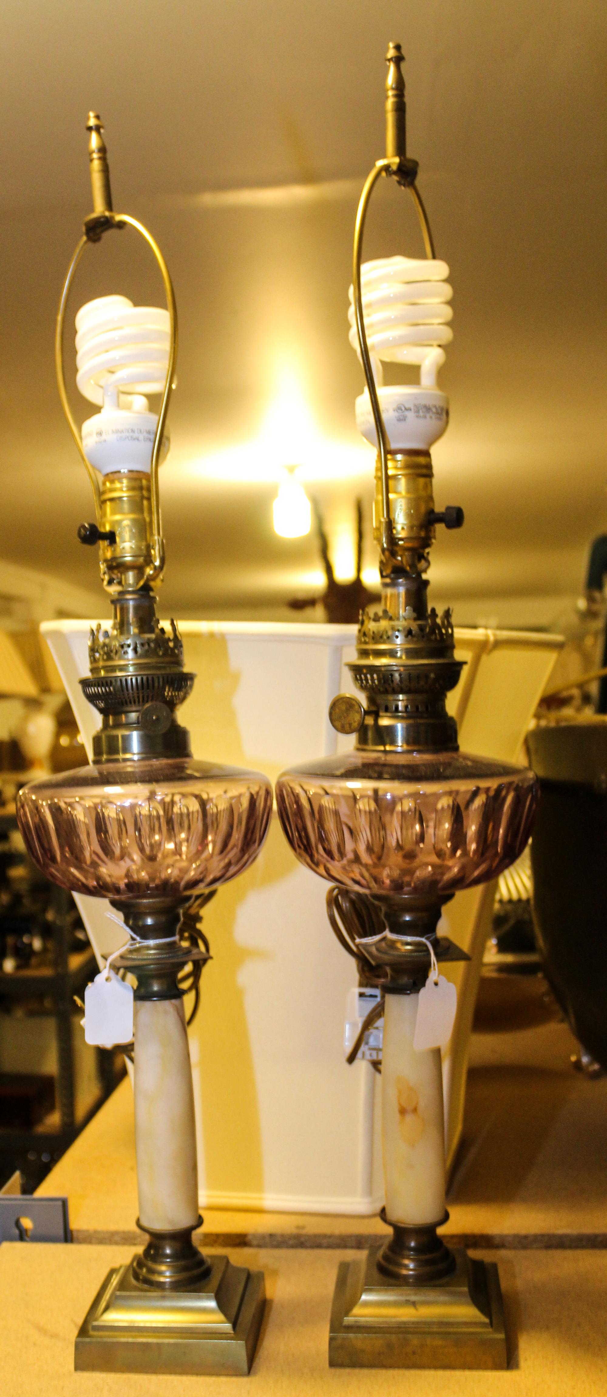 A Pair of Victorian Glass and Marble Table Lamps Height overall 29 3/8 inches.