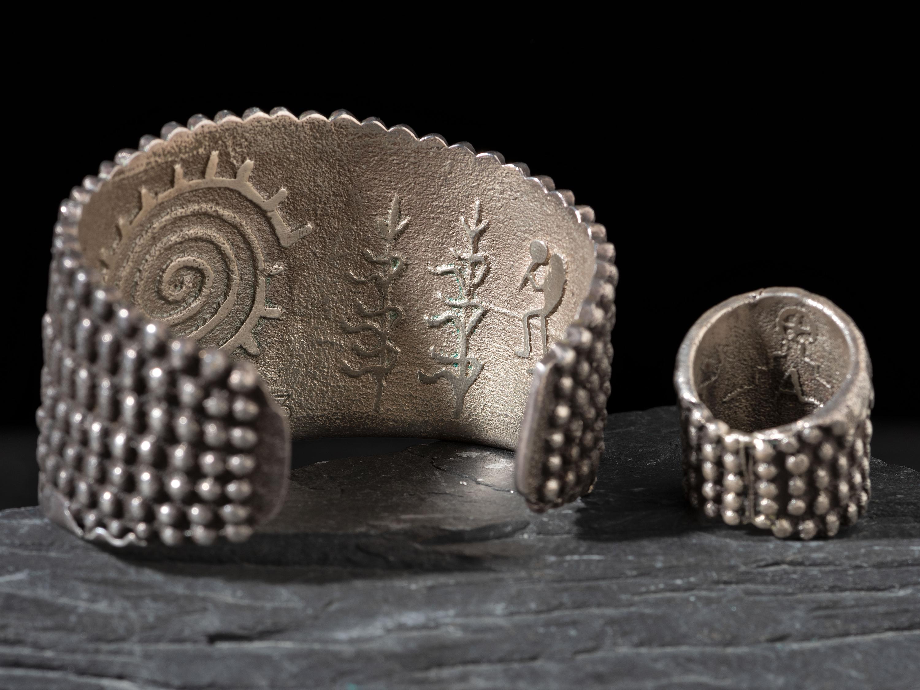 Matching Sterling Silver Corn Cob Cuff Bracelet and Ring, 2003