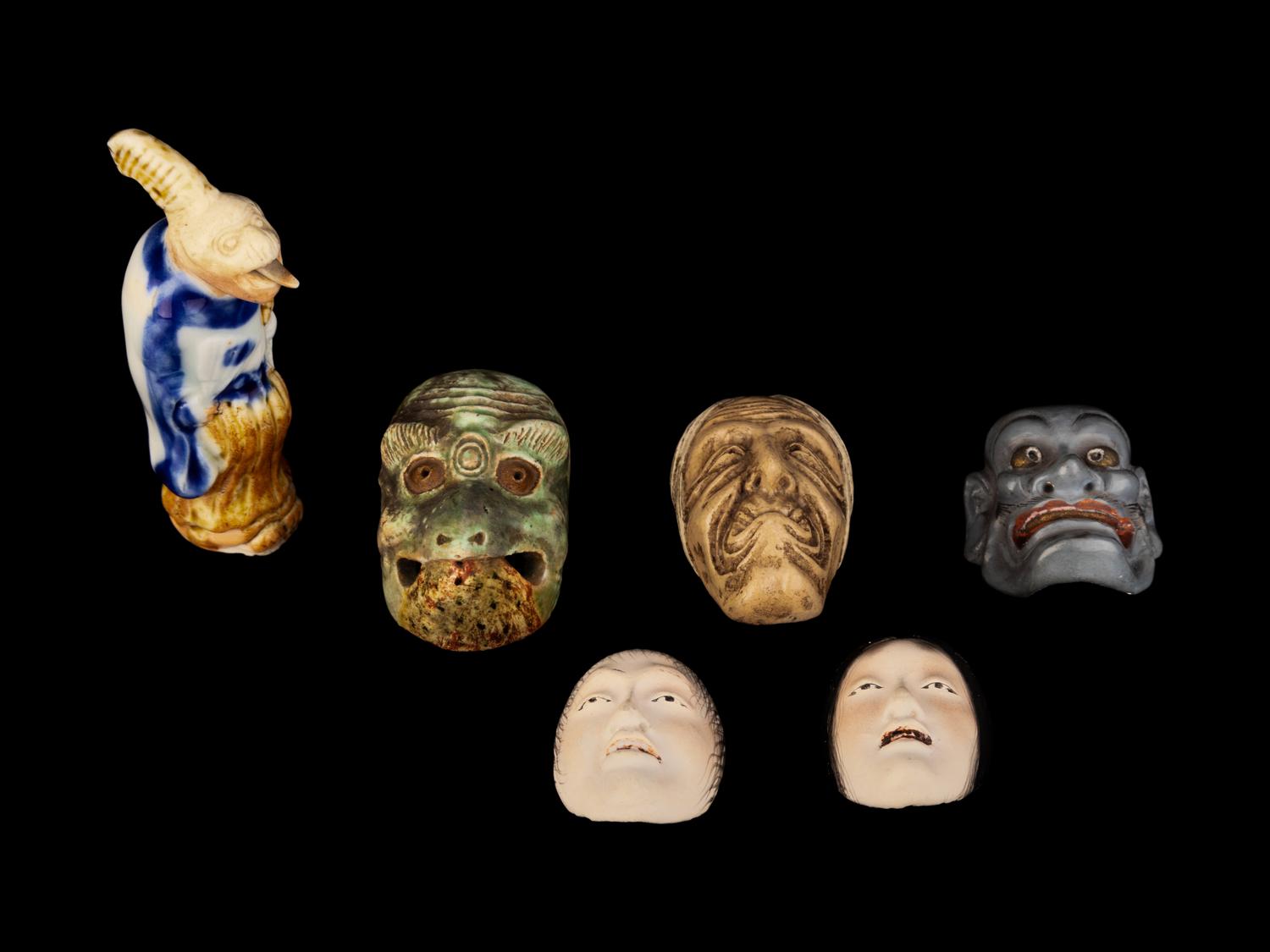 Five Miniature Japanese Ceramic Masks and One Porcelain Figural-Form Netsuke