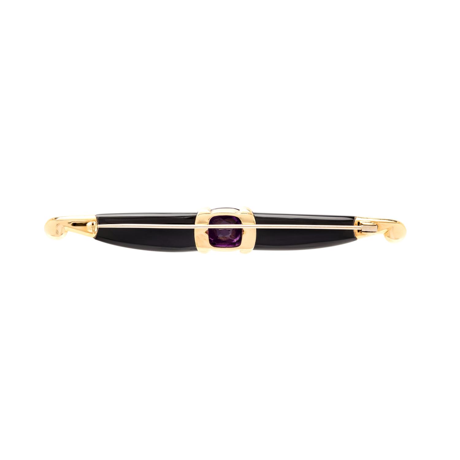 YELLOW GOLD, AMETHYST AND ENAMEL BROOCH