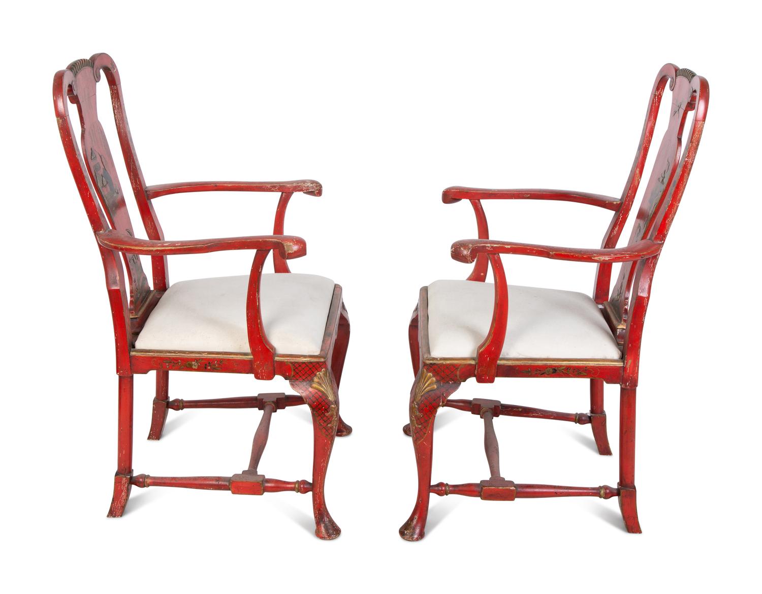 A Pair of Queen Anne Style Red Lacquer and Parcel Gilt Armchairs — 20TH CENTURY