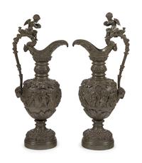 A Pair of Neoclassical Patinated Bronze Ewers with Bacchic Putti