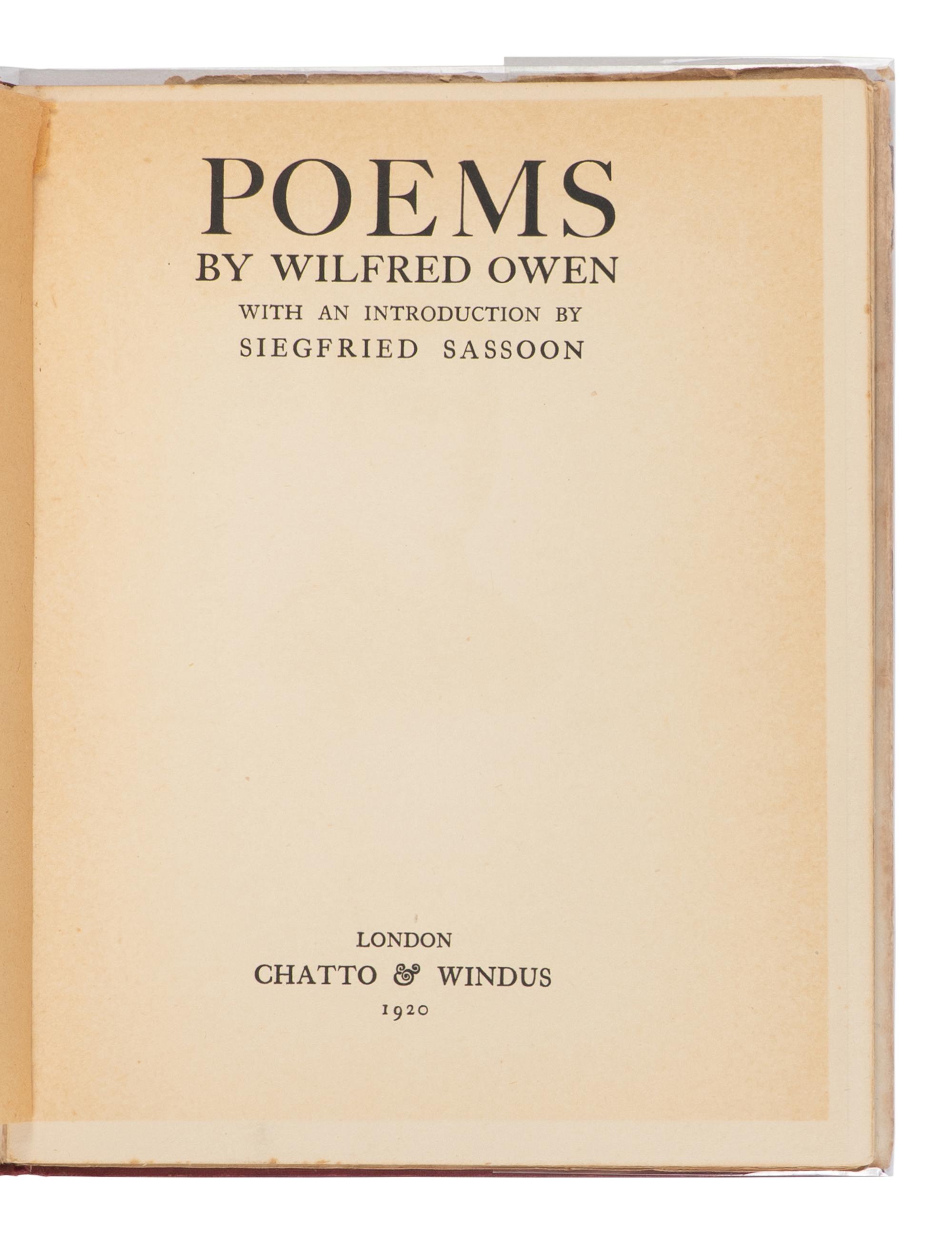 OWEN, Wilfred (1893-1918). Poems. London: Chatto & Windus, 1920.