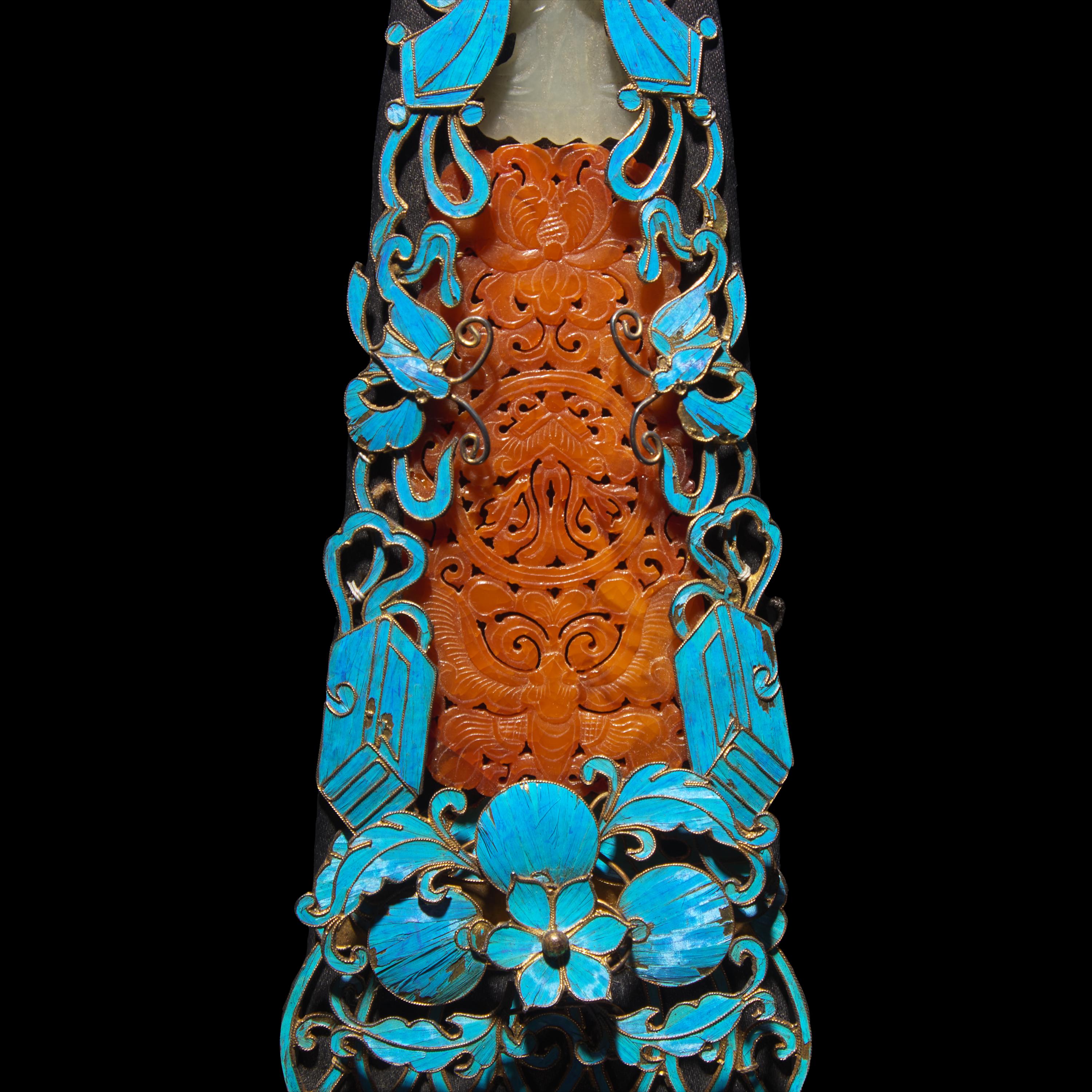 A Chinese Kingfisher Feather, 'Beeswax' Amber and Celadon Jade Ornament, Qing Dynasty — 清 點翠嵌玉蜜蠟珍珠珊瑚流蘇雲肩殘件