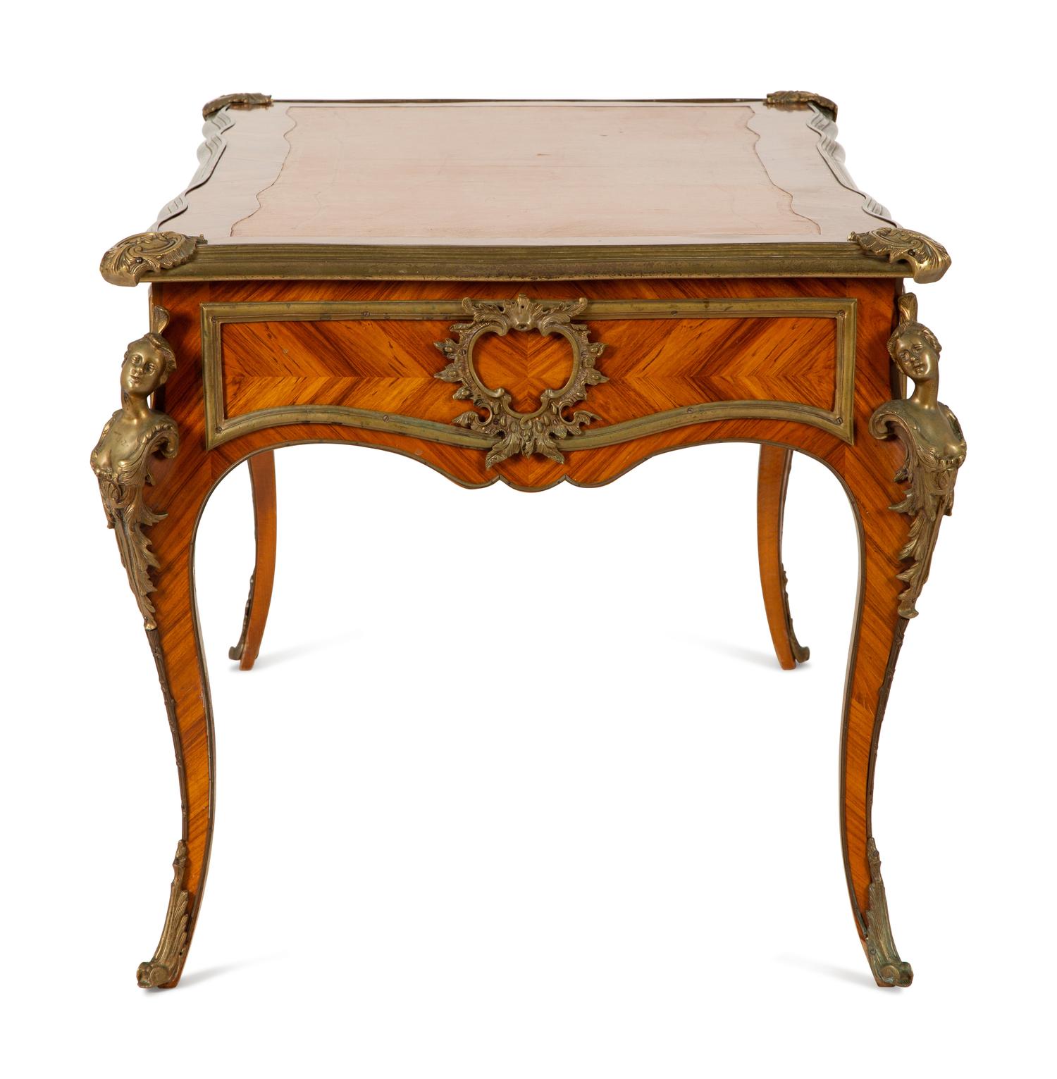 A Louis XV Style Gilt Bronze Mounted Tulipwood Bureau Plat