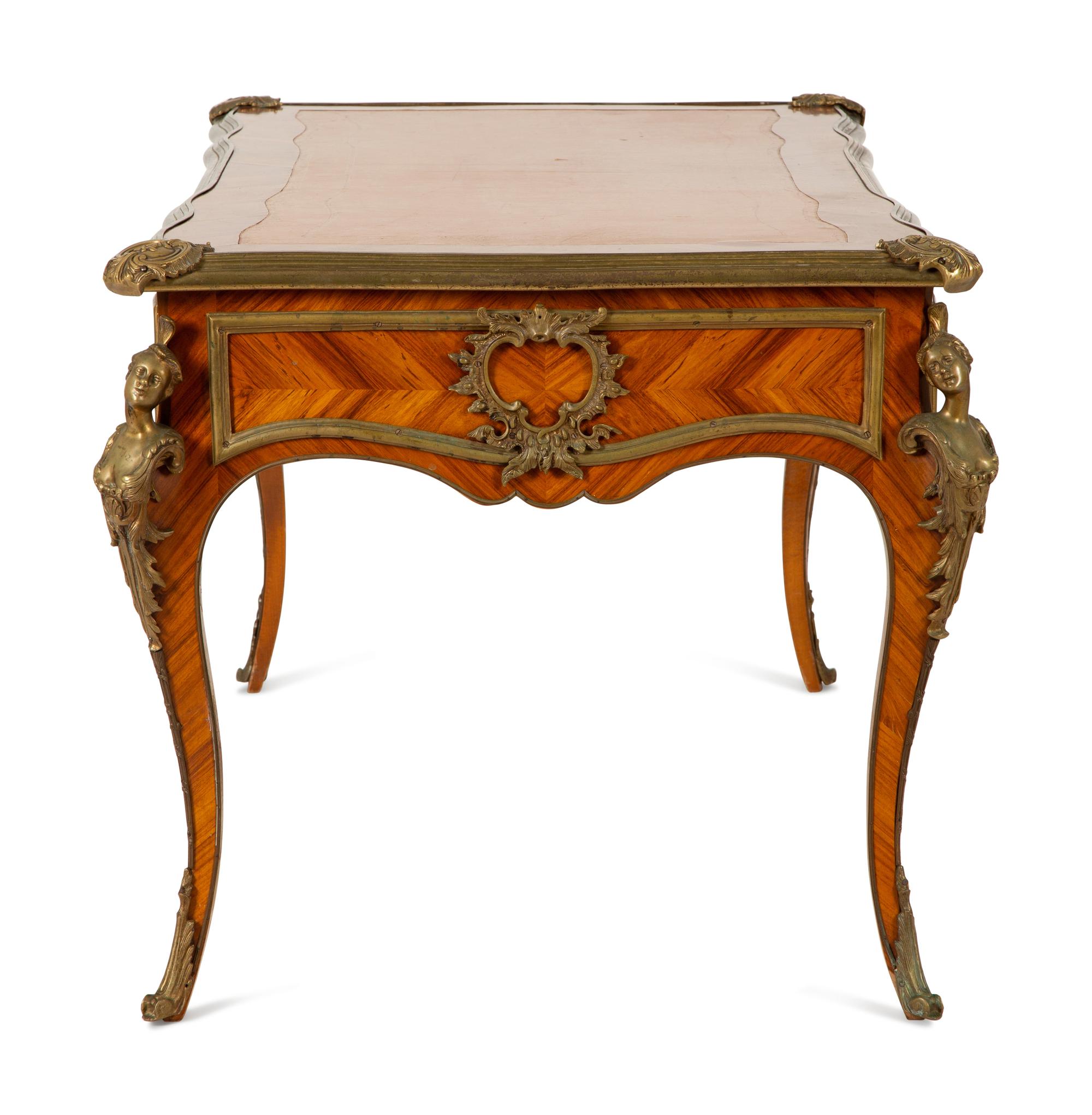 A Louis XV Style Gilt Bronze Mounted Tulipwood Bureau Plat