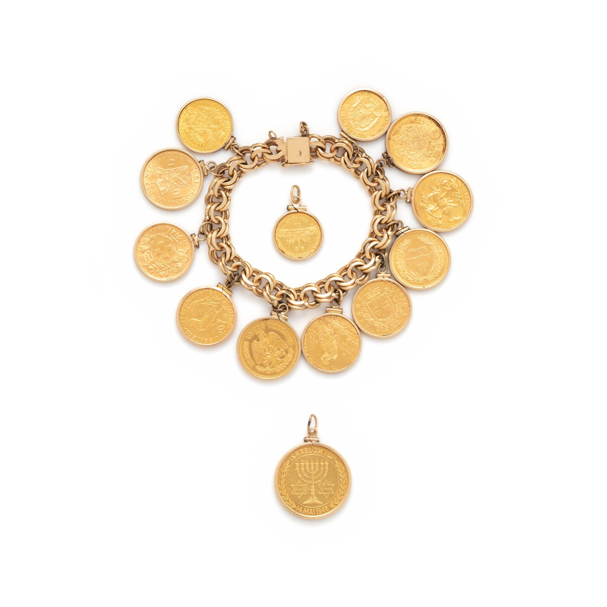 YELLOW GOLD AND COIN CHARM BRACELET