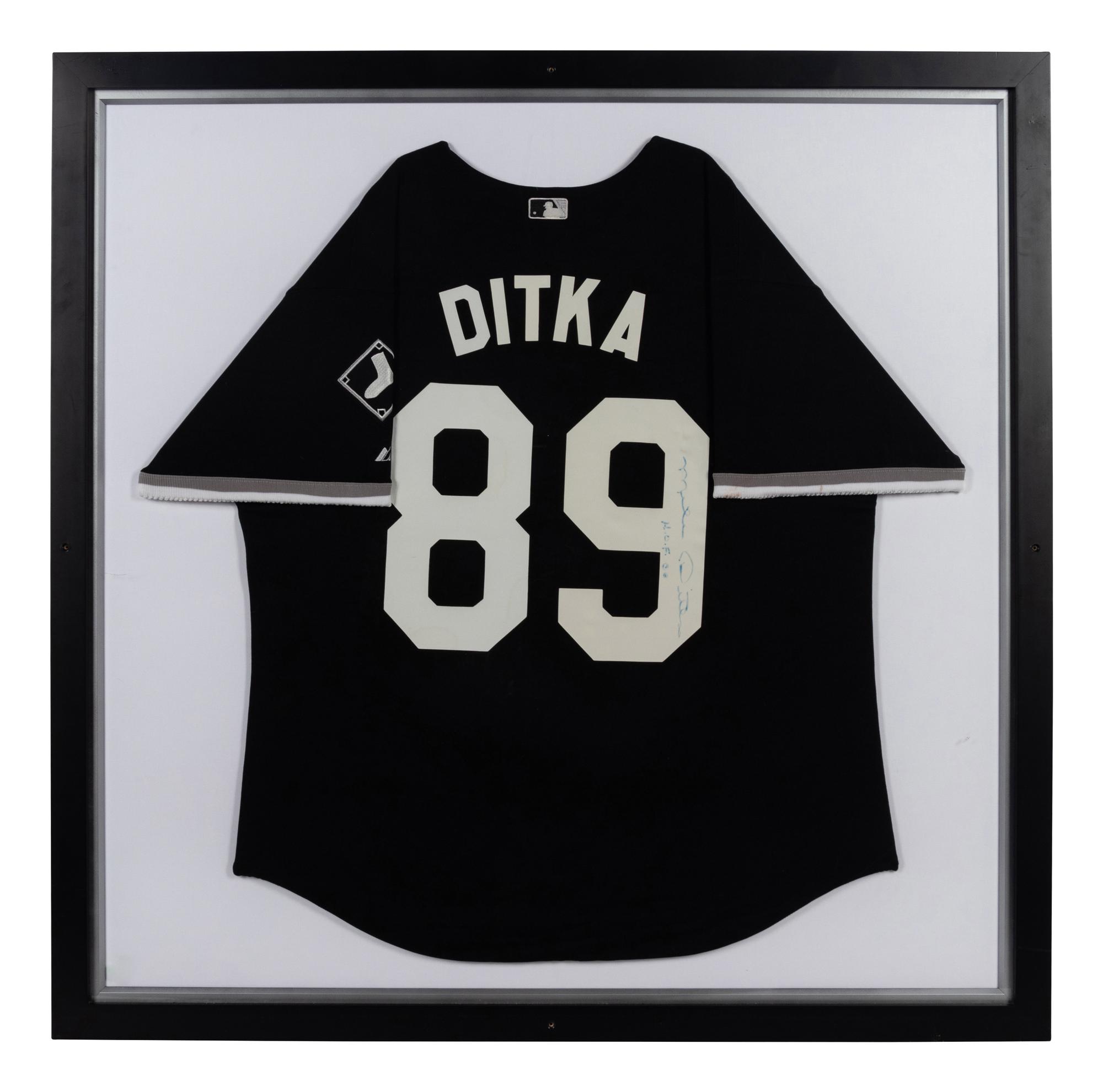 A Mike Ditka Chicago White Sox Signed and Worn Ceremonial Baseball Jersey Presentation Formerly Displayed at Mike Ditka's Restaurant