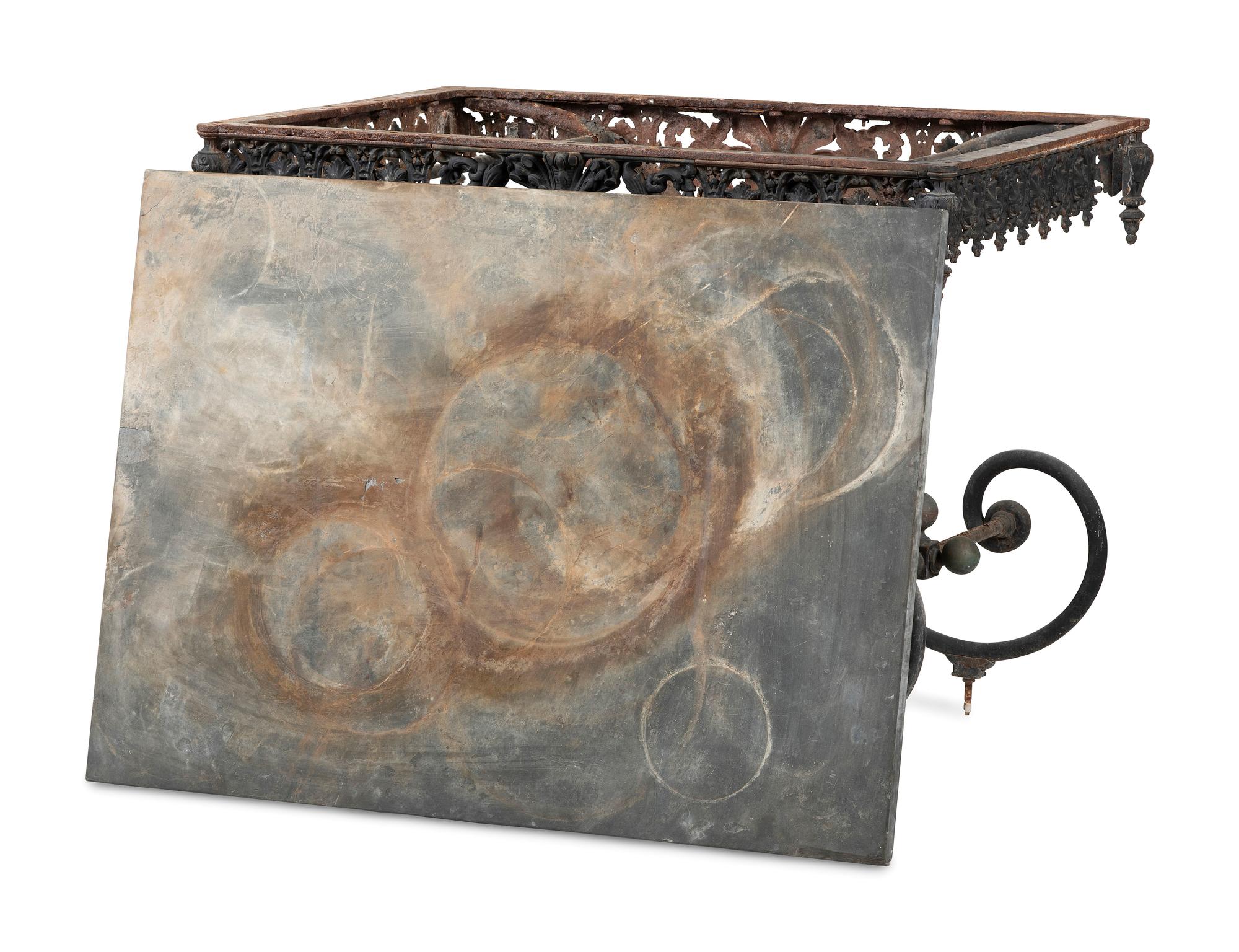 Two Wrought Iron Marble Top Console Tables
