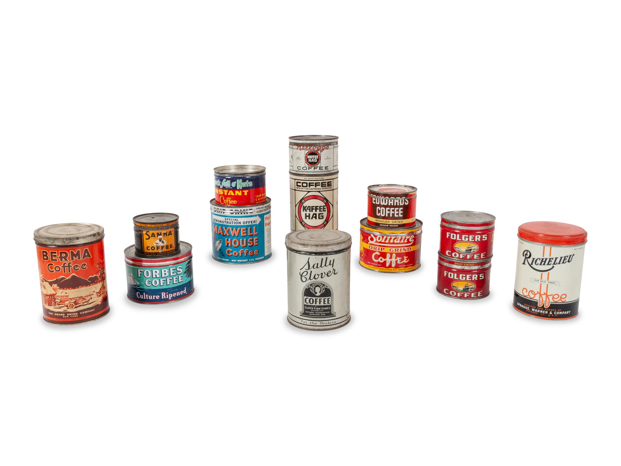 A Large Group of Country Store Advertising Coffee Tins