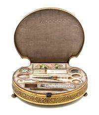 A Palais Royal Gilt Metal Mounted Tortoise Shell Sewing Kit, , the scallop form case having a tortoise shell inset lid with a gilt meta