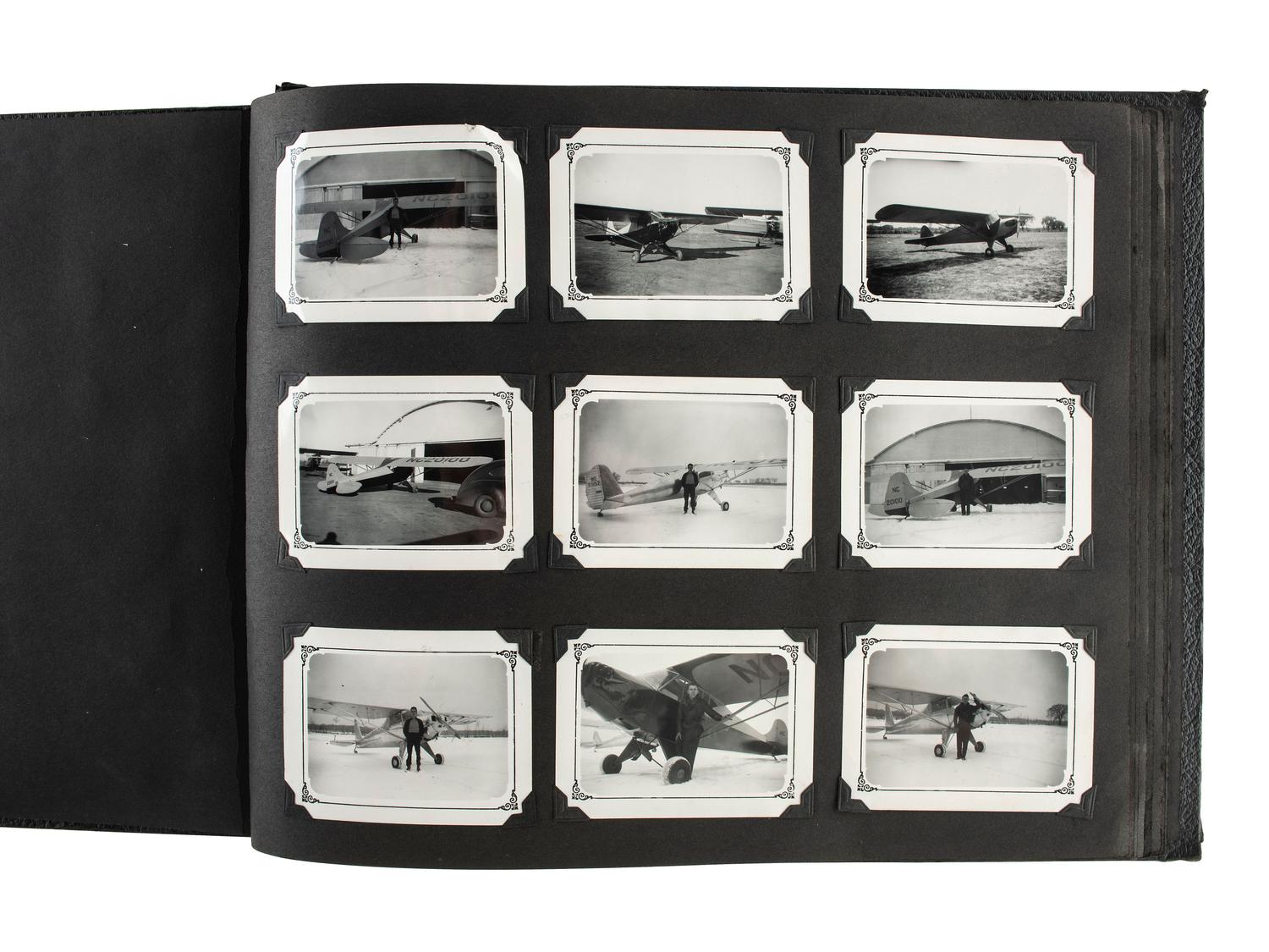 [AVIATION] -- [EARLY PHOTOGRAPHY]. Personal album featuring over 125 photographs of airplanes and pilots as well as other modes of transportation, snapshots, and travel views. Ca 1930s-1940s.