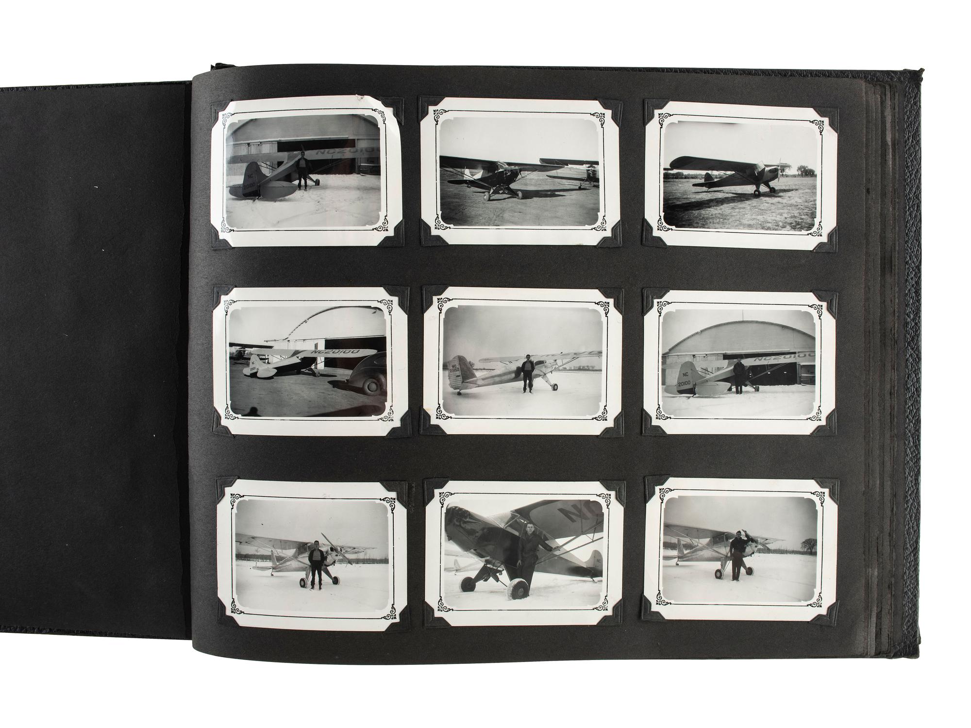 [AVIATION] -- [EARLY PHOTOGRAPHY]. Personal album featuring over 125 photographs of airplanes and pilots as well as other modes of transportation, snapshots, and travel views. Ca 1930s-1940s.