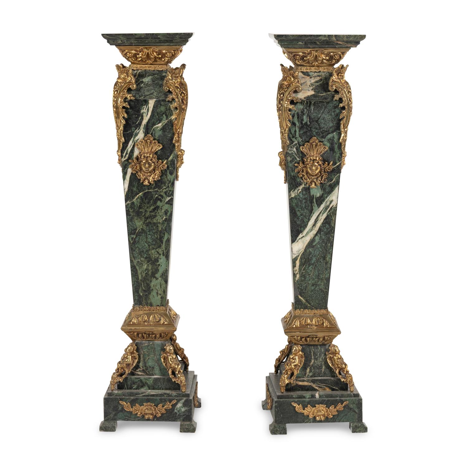 A Pair of Continental Gilt Metal Mounted Marble Pedestals
