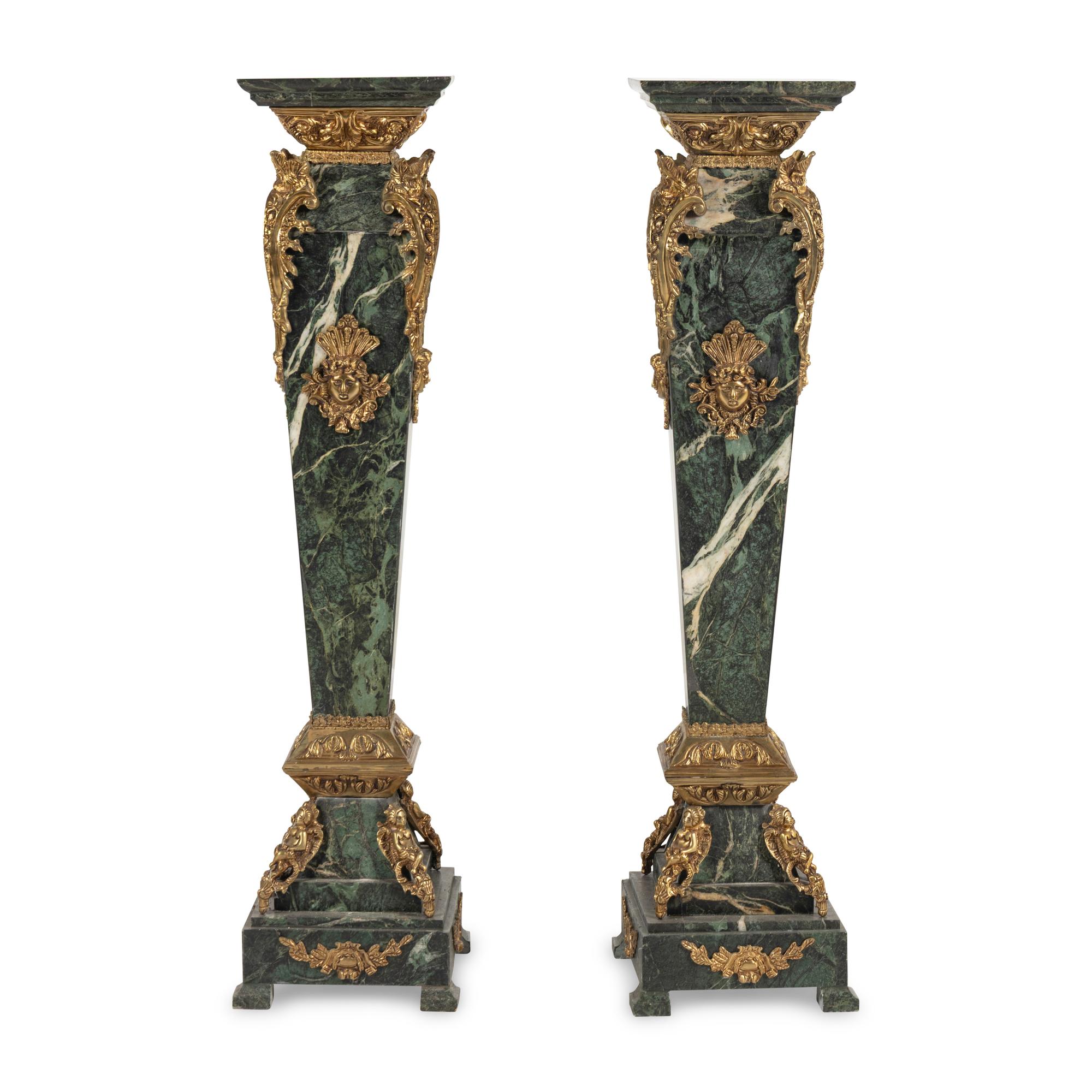 A Pair of Continental Gilt Metal Mounted Marble Pedestals