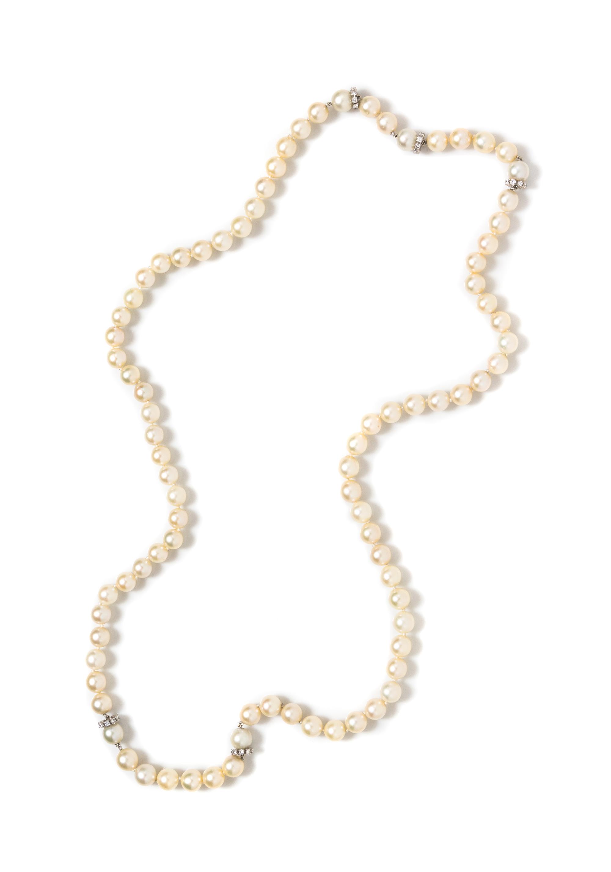 A Vintage 18 Karat White Gold, Diamond and Cultured Pearl Convertible Necklace, David Webb, 71.00 dwts.