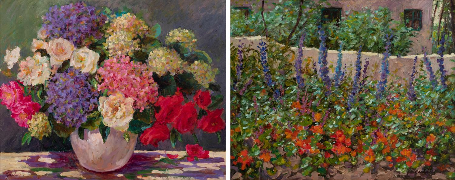 Two Works: Morning Bouquet and Hollyhock Garden
