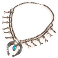 Navajo Silver and Turquoise Squash Blossom Necklace