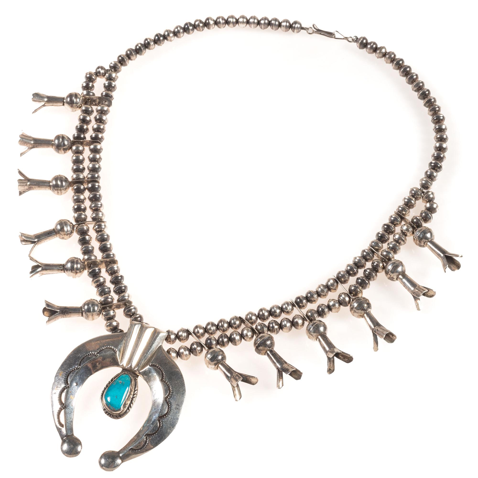 Navajo Silver and Turquoise Squash Blossom Necklace