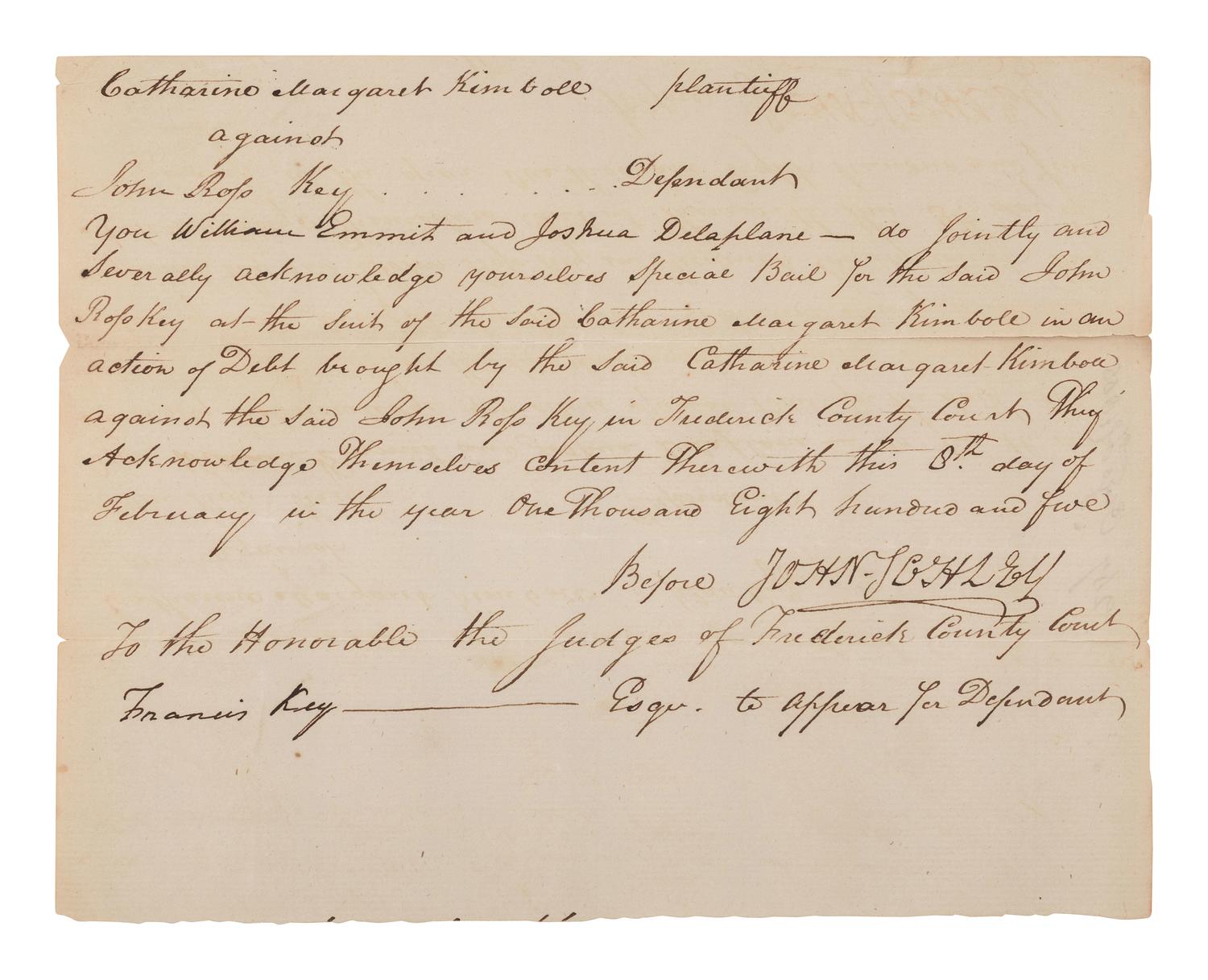KEY, Francis Scott (1779-1843). Document signed ("Francis Key"), Frederick County [Maryland], February 1805.
