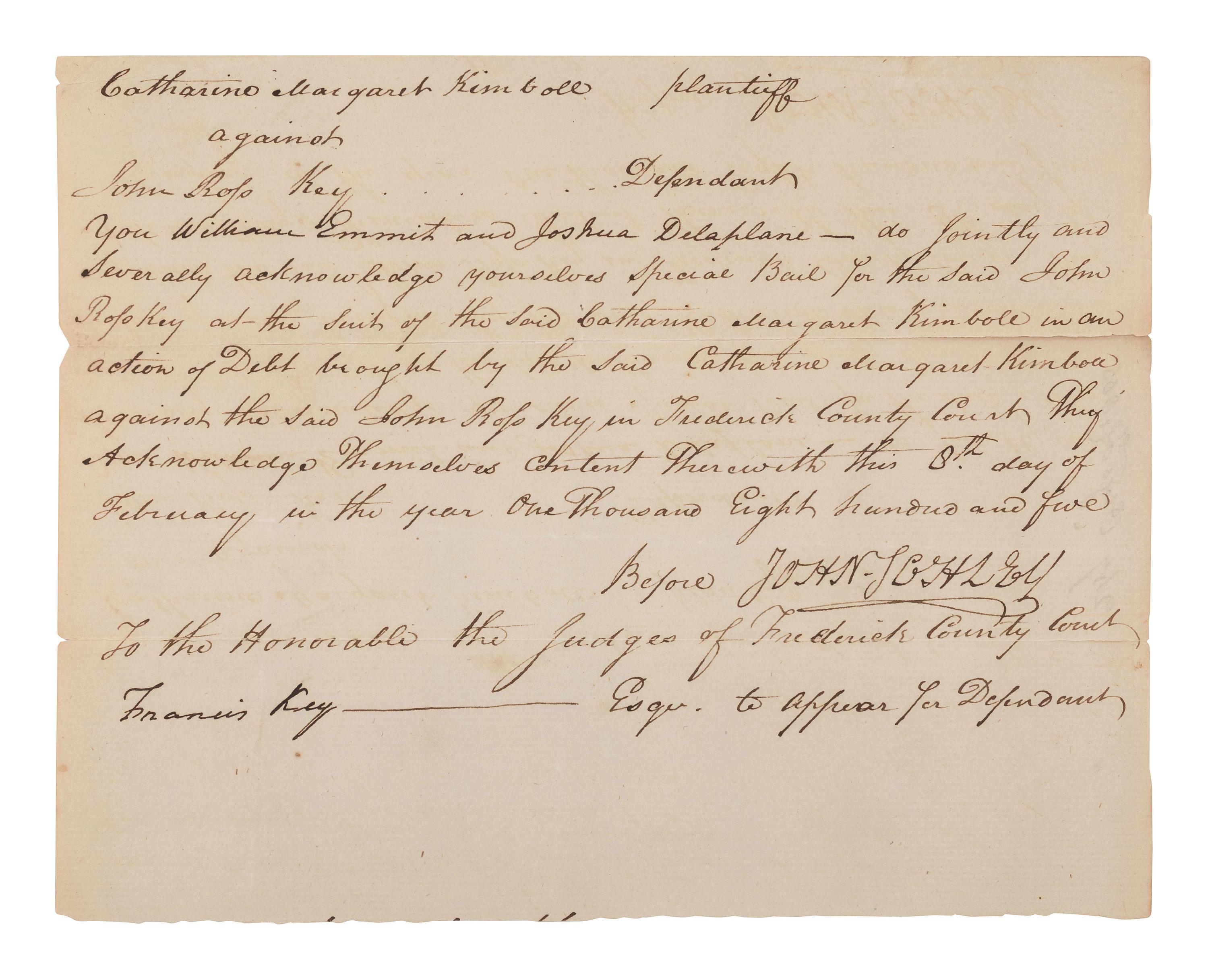 KEY, Francis Scott (1779-1843). Document signed ("Francis Key"), Frederick County [Maryland], February 1805.