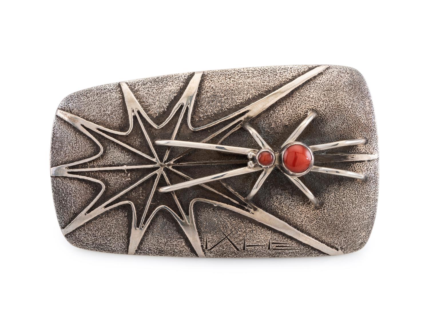 Silver and Coral Belt Buckle, with Spider and Web Design