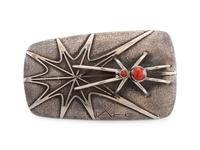 Silver and Coral Belt Buckle, with Spider and Web Design