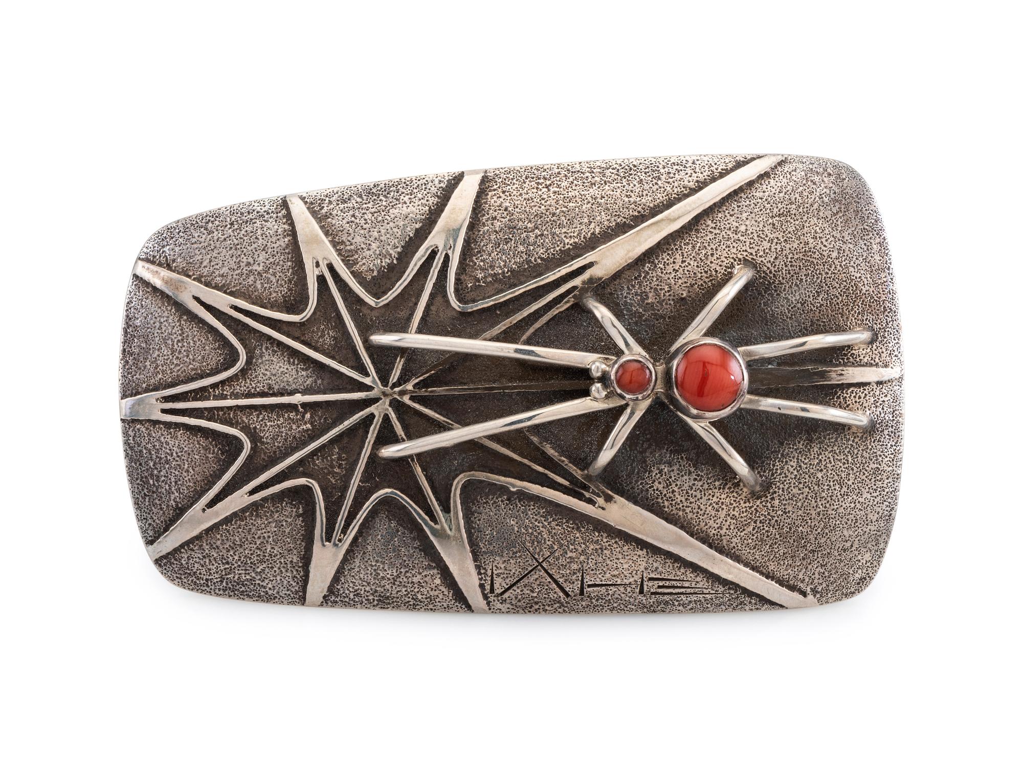 Silver and Coral Belt Buckle, with Spider and Web Design