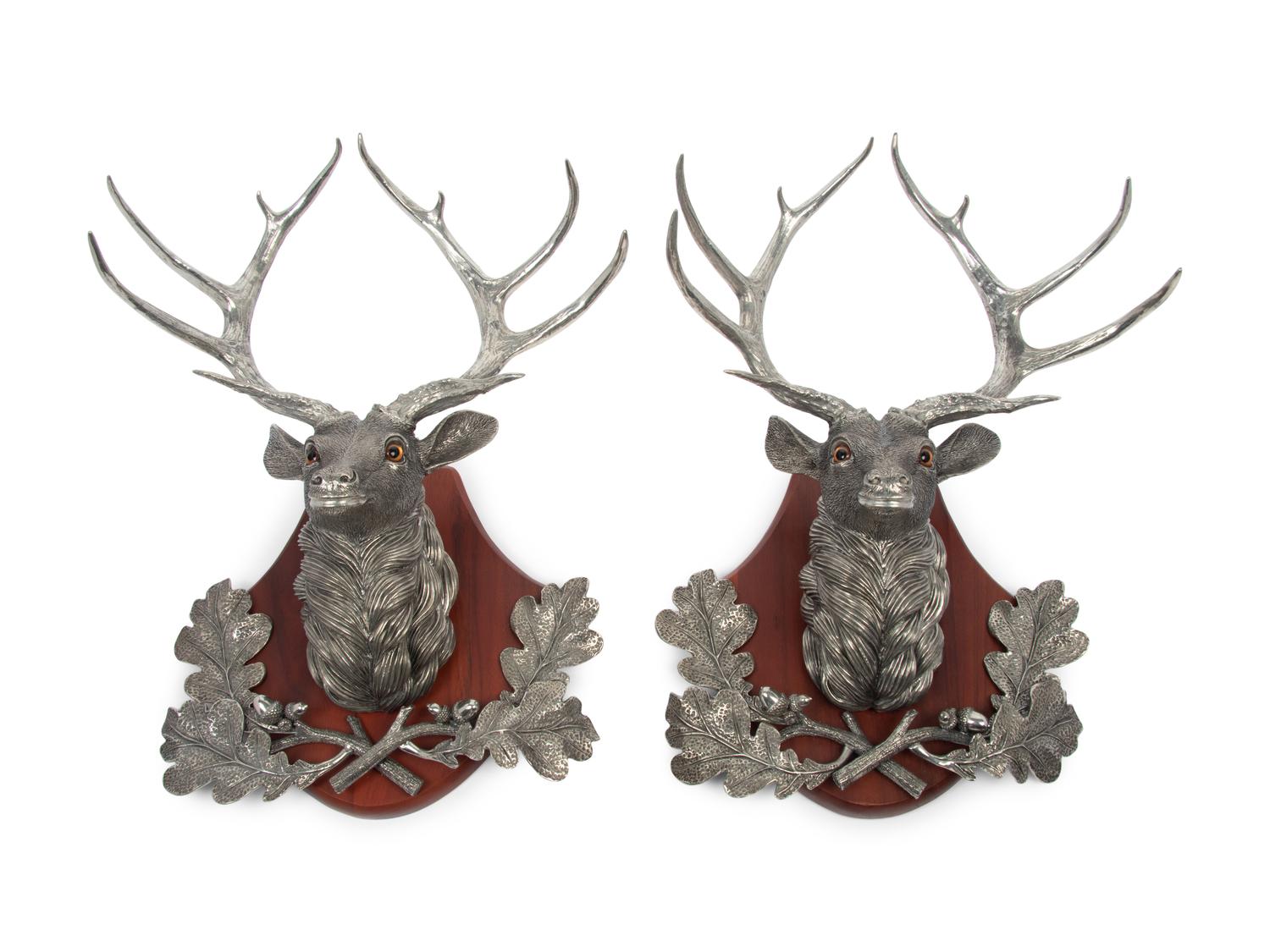 A Pair of Silvered Metal Hunting Trophies