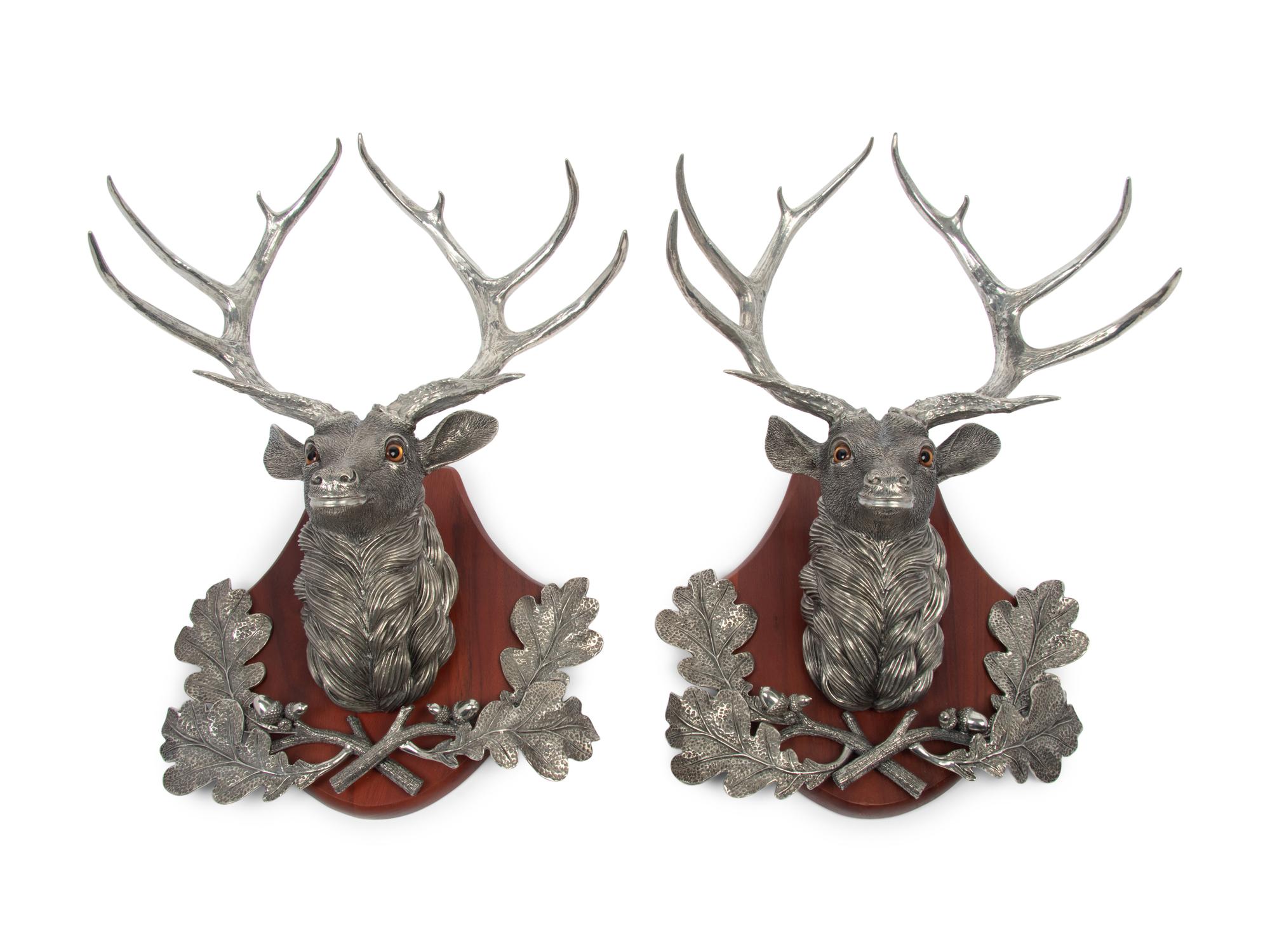 A Pair of Silvered Metal Hunting Trophies