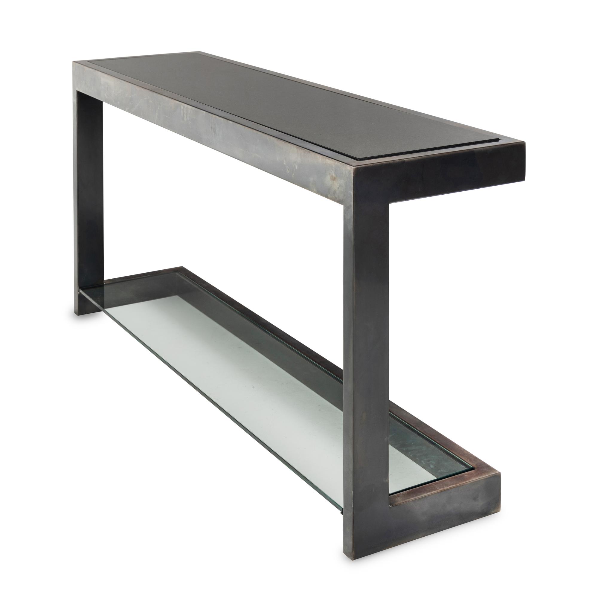 A Contemporary Steel, Granite and Glass Console Table