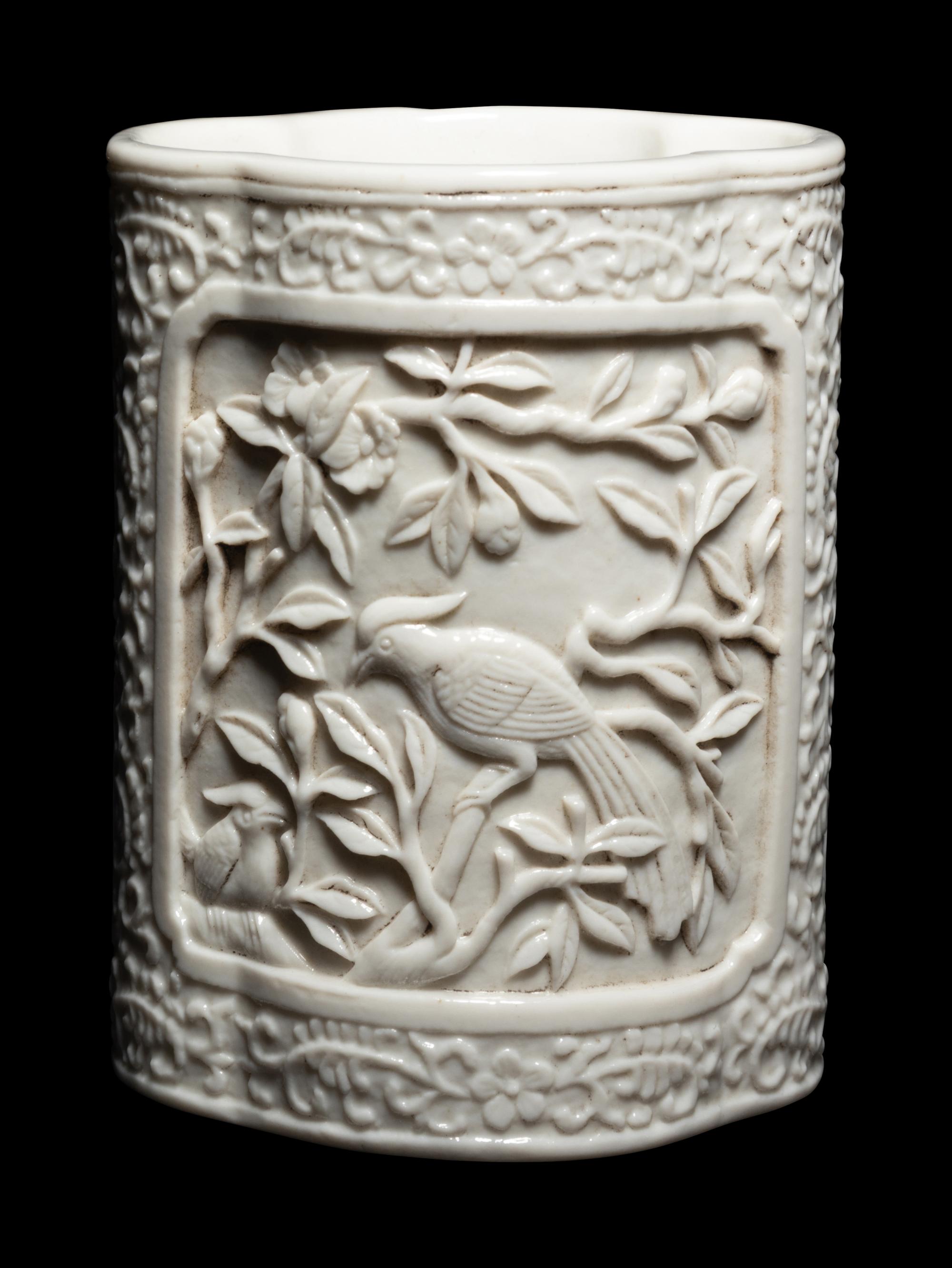 A Chinese Blanc-de-Chine Molded Porcelain Brushpot