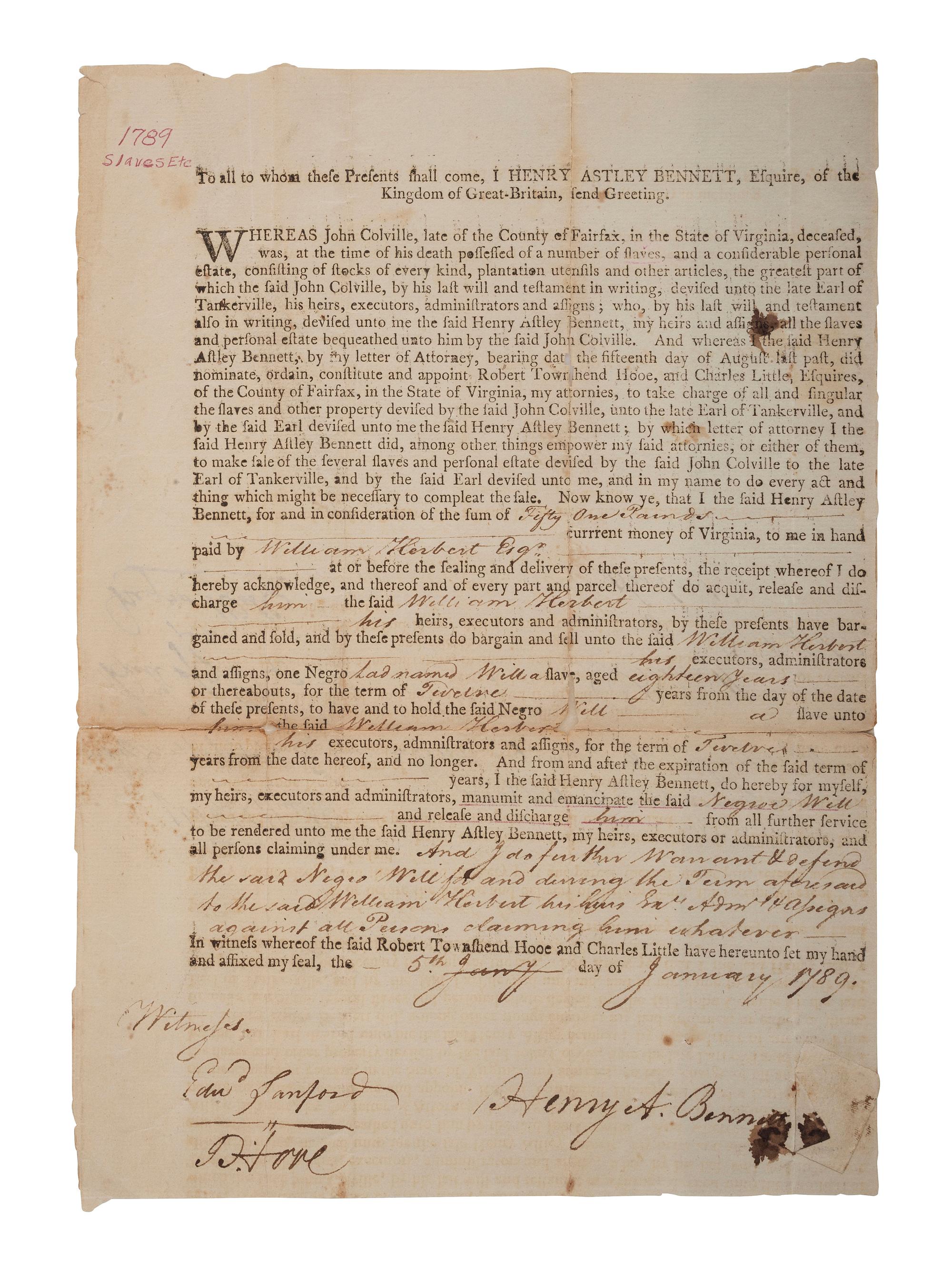 [SLAVERY & ABOLITION]. Partly printed bill of sale for enslaved man Will. [Fairfax County, VA], 5 January 1789.