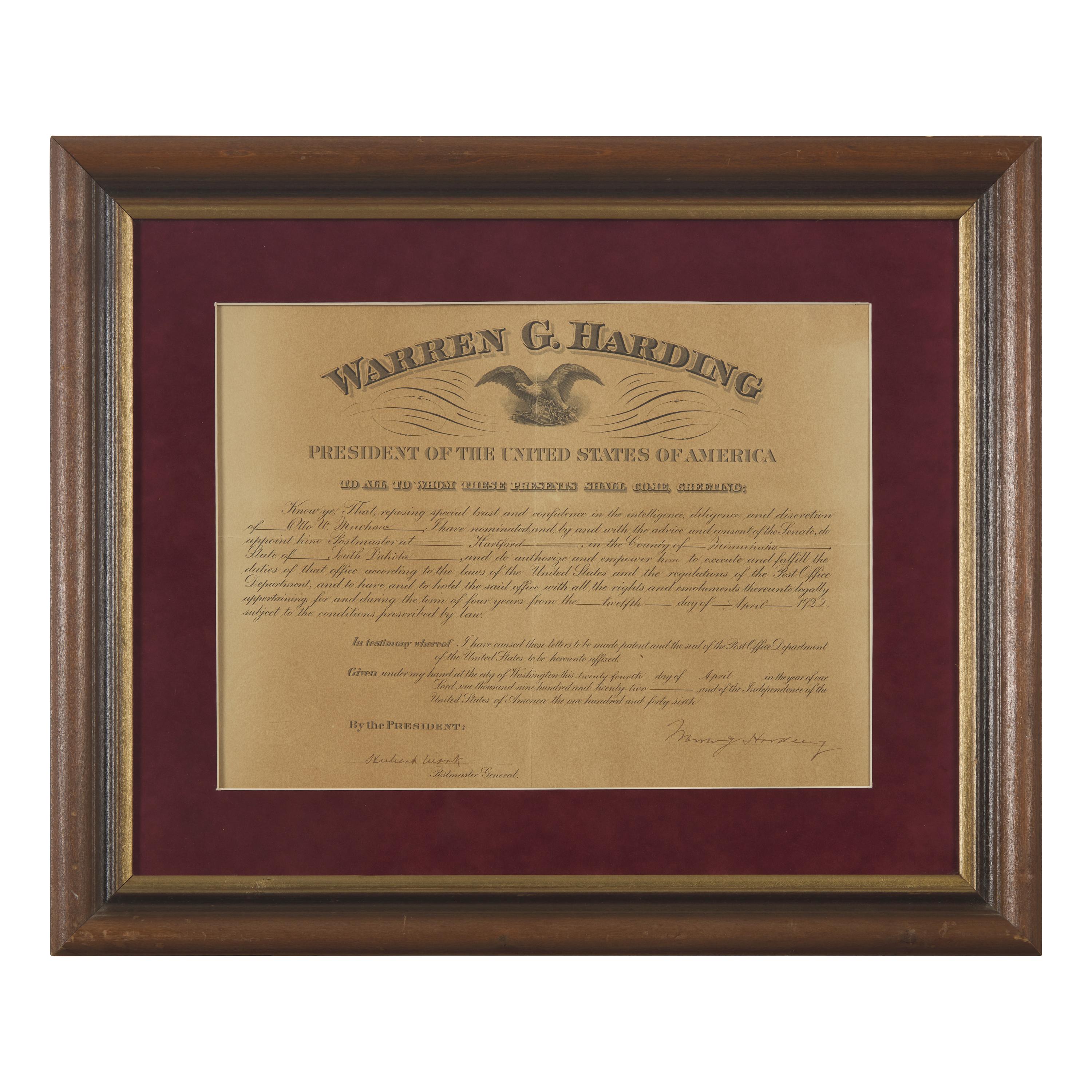 [Presidential] Harding, Warren G. Partially-printed postal commission, signed