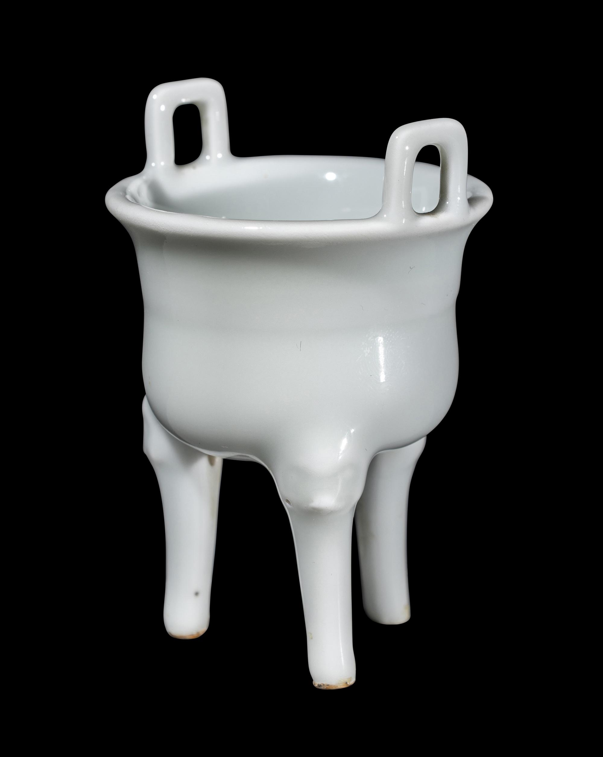 A Miniature Chinese White Glazed Porcelain Ding Vessel