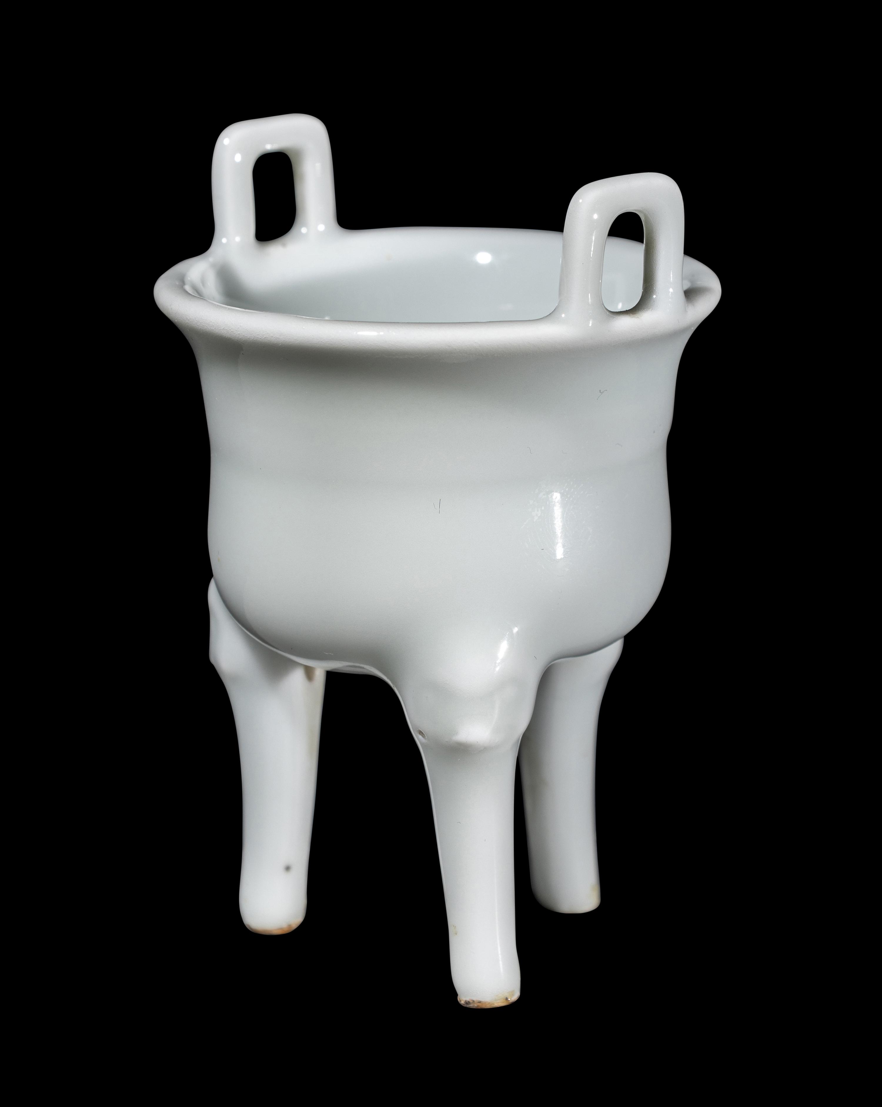 A Miniature Chinese White Glazed Porcelain Ding Vessel