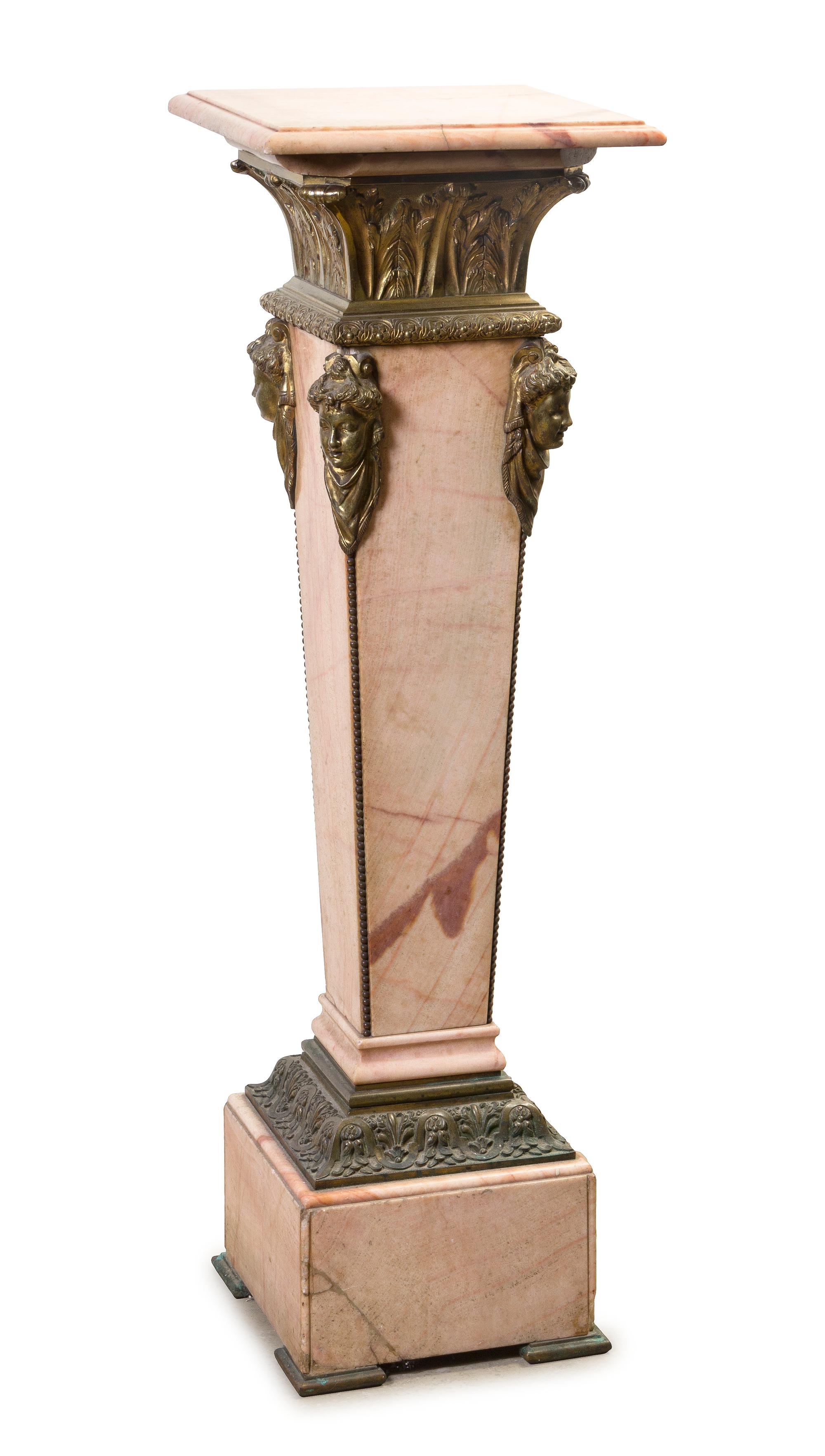 A Neoclassical Gilt Bronze Mounted Marble Pedestal, Height 41 3/4 inches.