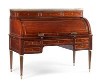 A Louis XVI Style Brass Inlaid Mahogany Bureau a Cylindre Height 48 x width 57 x depth 28 inches. — 19TH CENTURY
