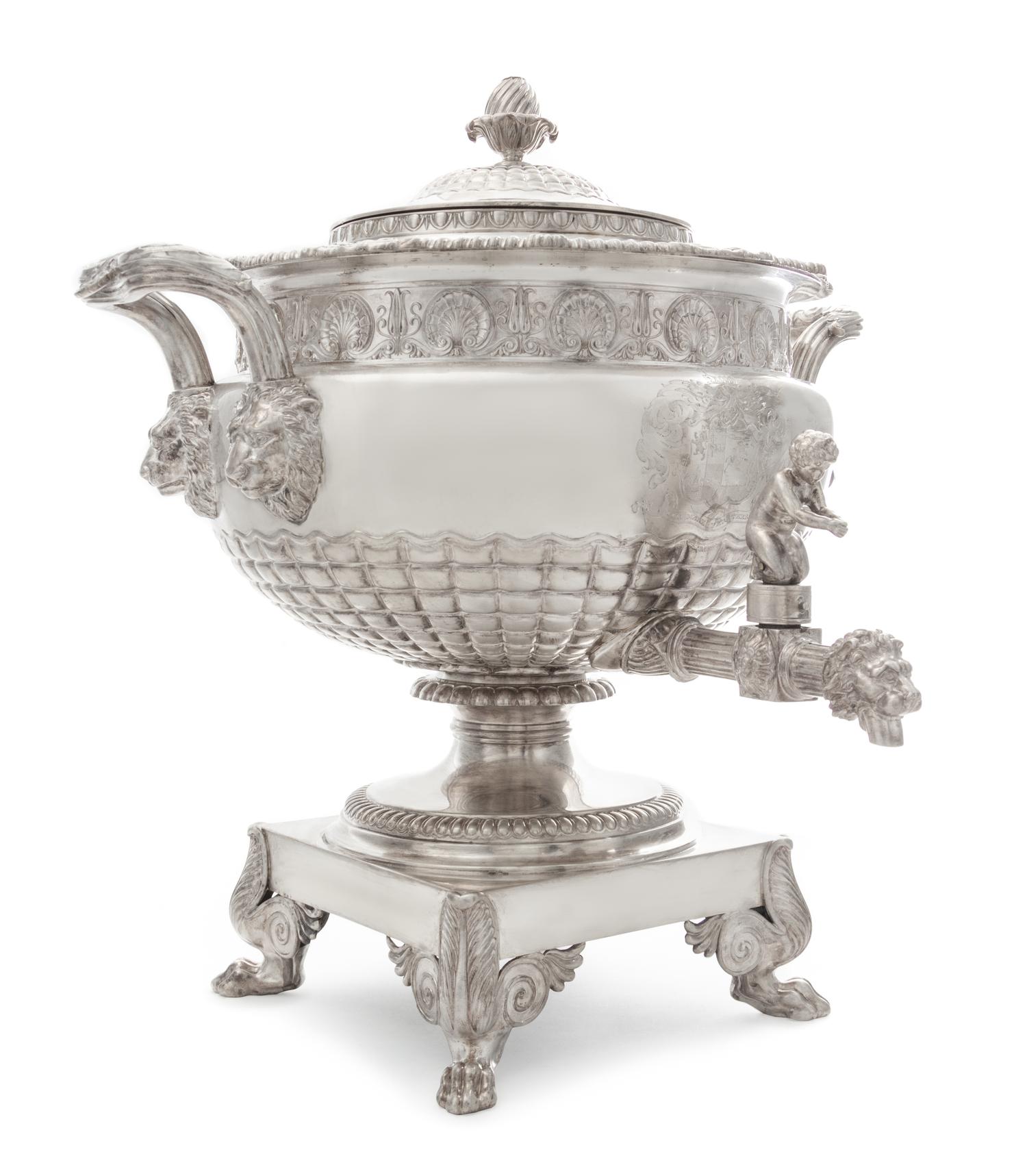 A George III Silver Tea Urn, Paul Storr, London, 1813, the domed lid with a blossom finial, the body with a gadroon and rocaille rim ab