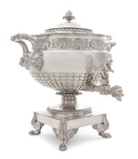 A George III Silver Tea Urn, Paul Storr, London, 1813, the domed lid with a blossom finial, the body with a gadroon and rocaille rim ab