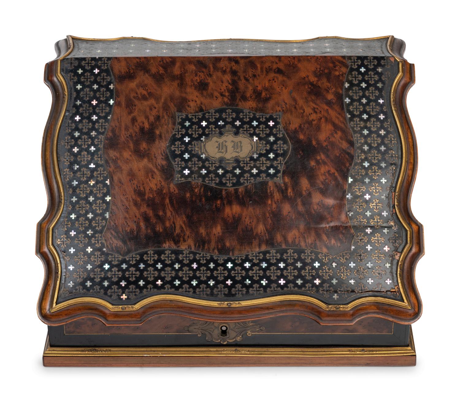 A French Mother-of-Pearl and Brass Inlaid Amboyna Letter Box