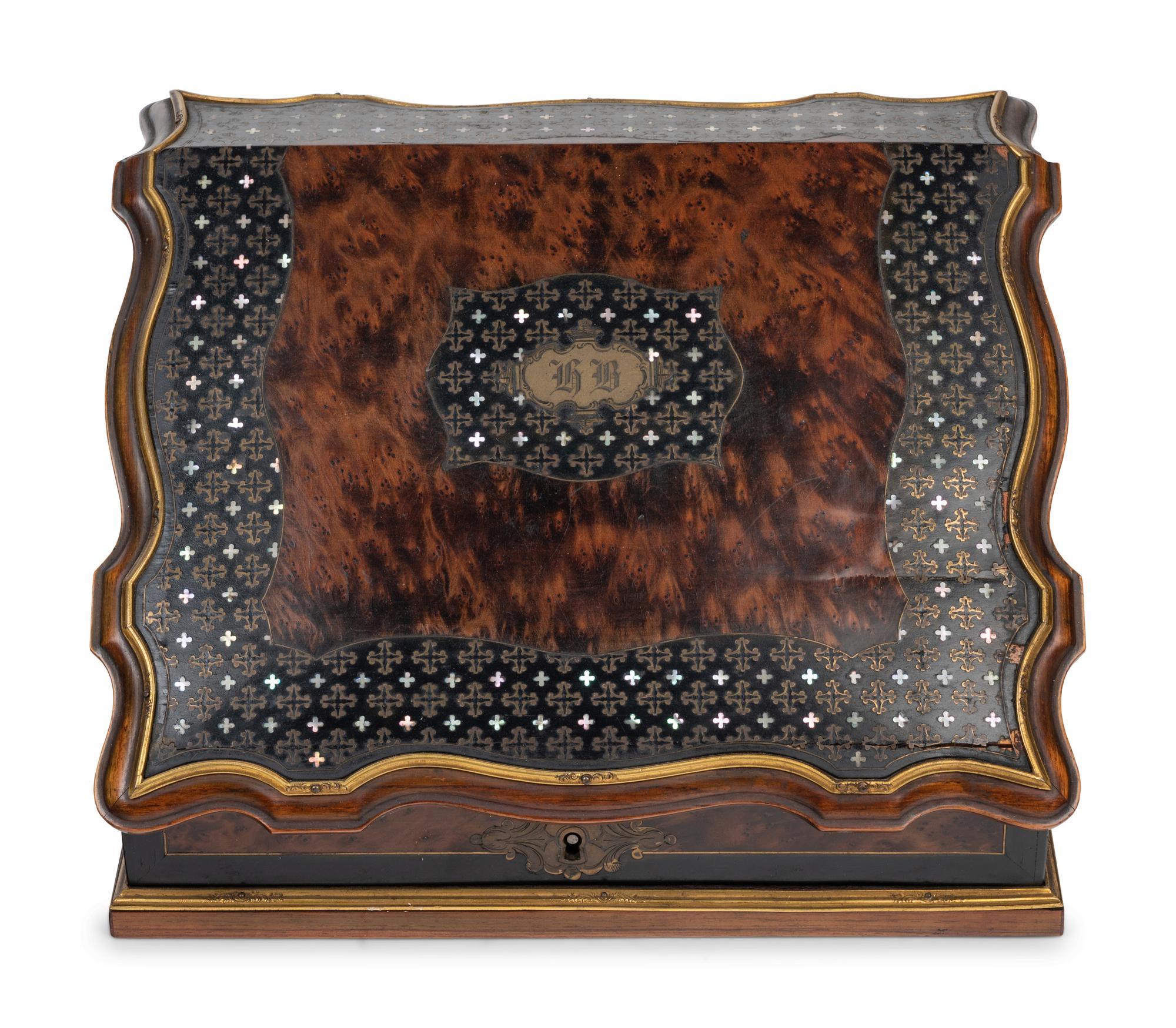 A French Mother-of-Pearl and Brass Inlaid Amboyna Letter Box