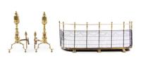 A Pair of American Brass Andirons and an Associated Fire Fender Height of fender 16 x width 41 1/4 inches; height of andirons 21 1/2 in — 19TH/20TH CENTURY