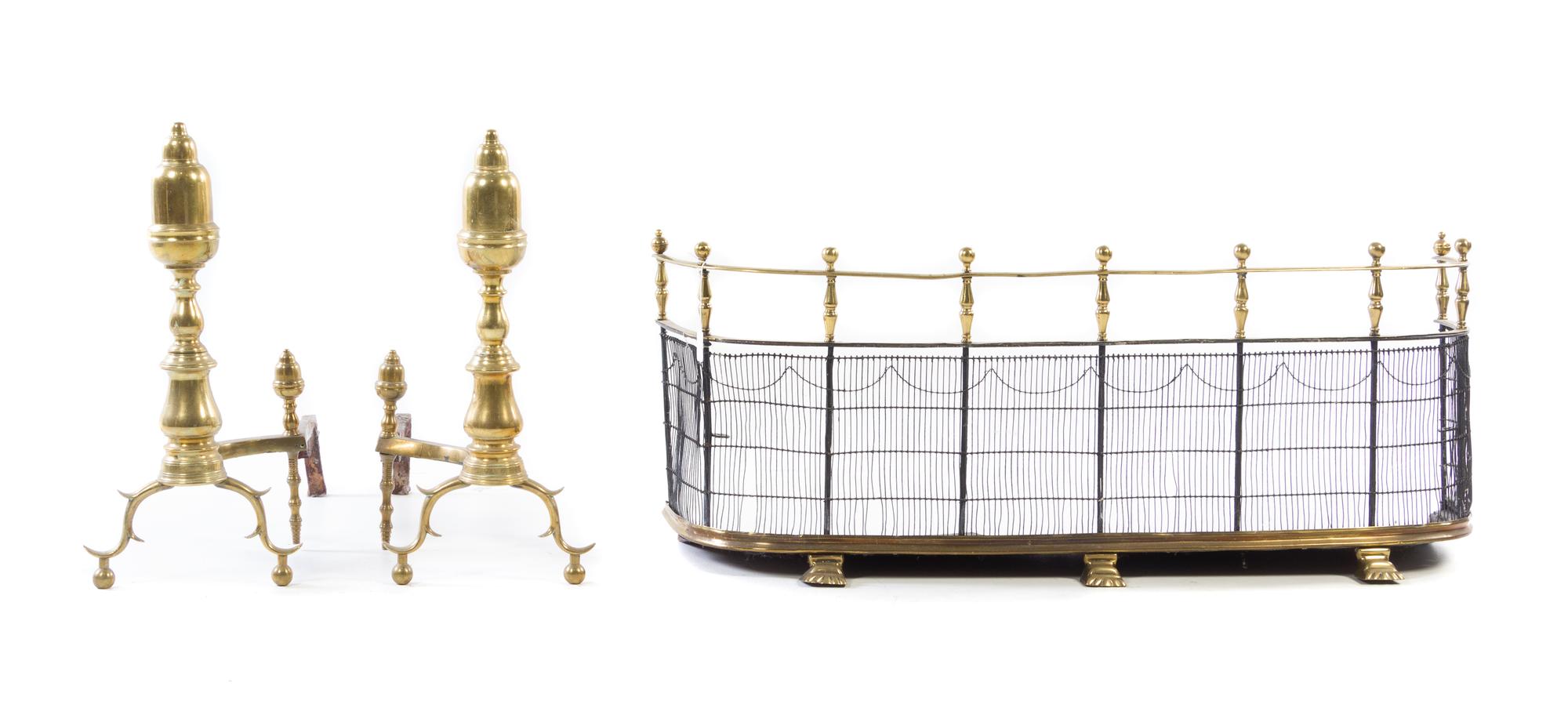 A Pair of American Brass Andirons and an Associated Fire Fender Height of fender 16 x width 41 1/4 inches; height of andirons 21 1/2 in — 19TH/20TH CENTURY