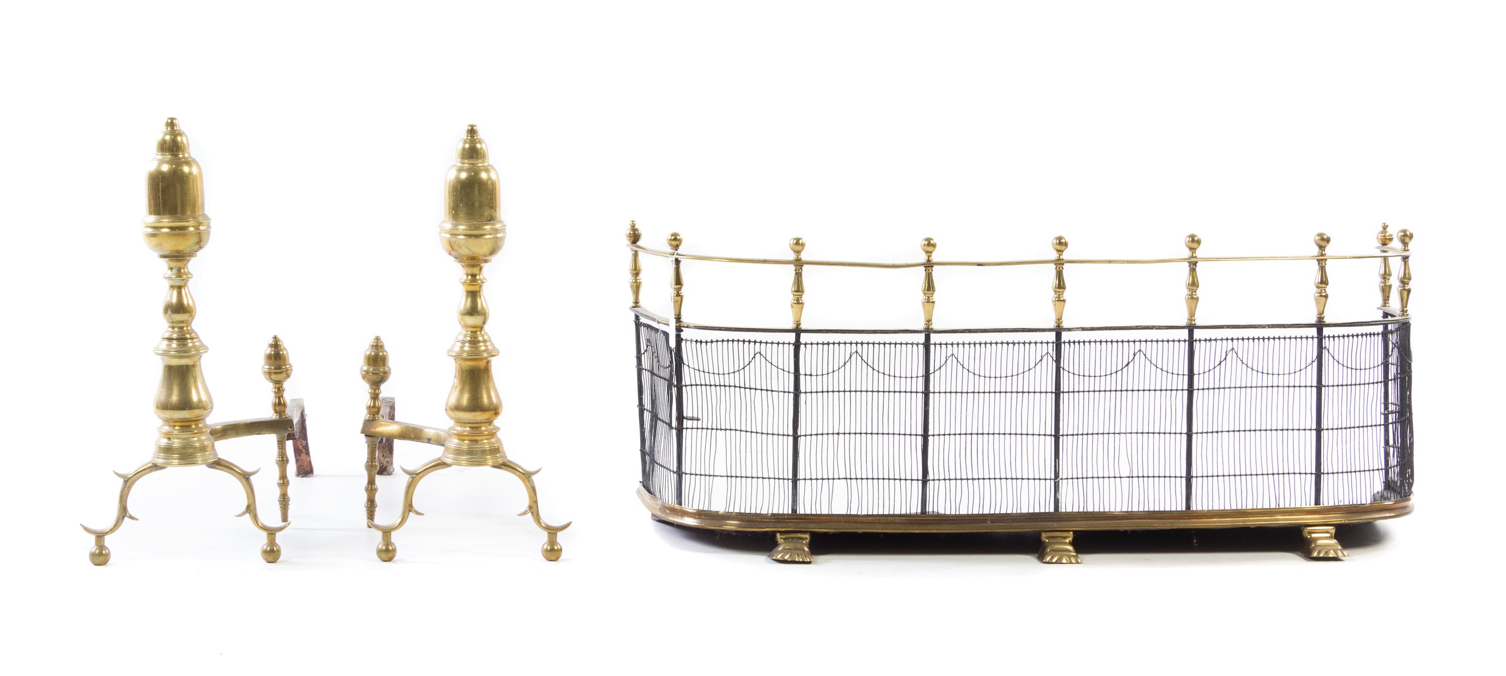A Pair of American Brass Andirons and an Associated Fire Fender Height of fender 16 x width 41 1/4 inches; height of andirons 21 1/2 in — 19TH/20TH CENTURY