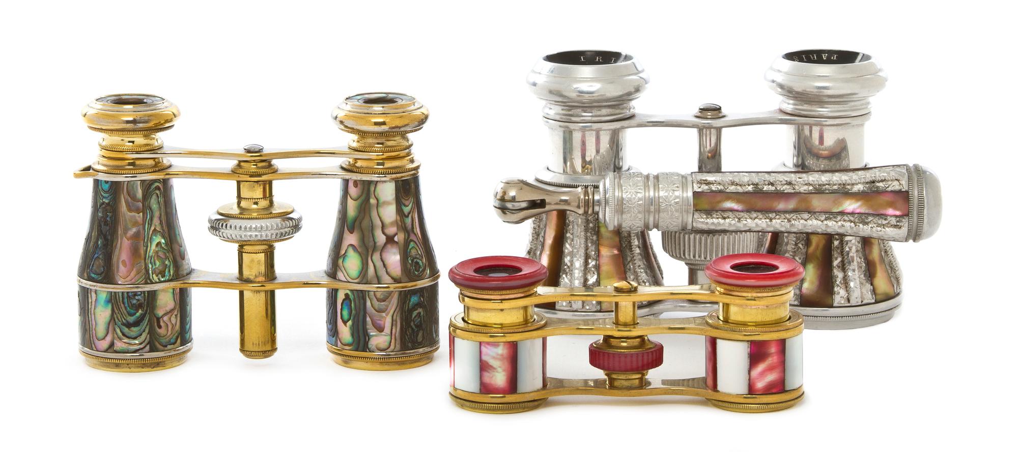 Three Pairs of Continental Mother-of-Pearl or Abalone Veneered Opera Glasses, Width of first 4 1/8 inches.