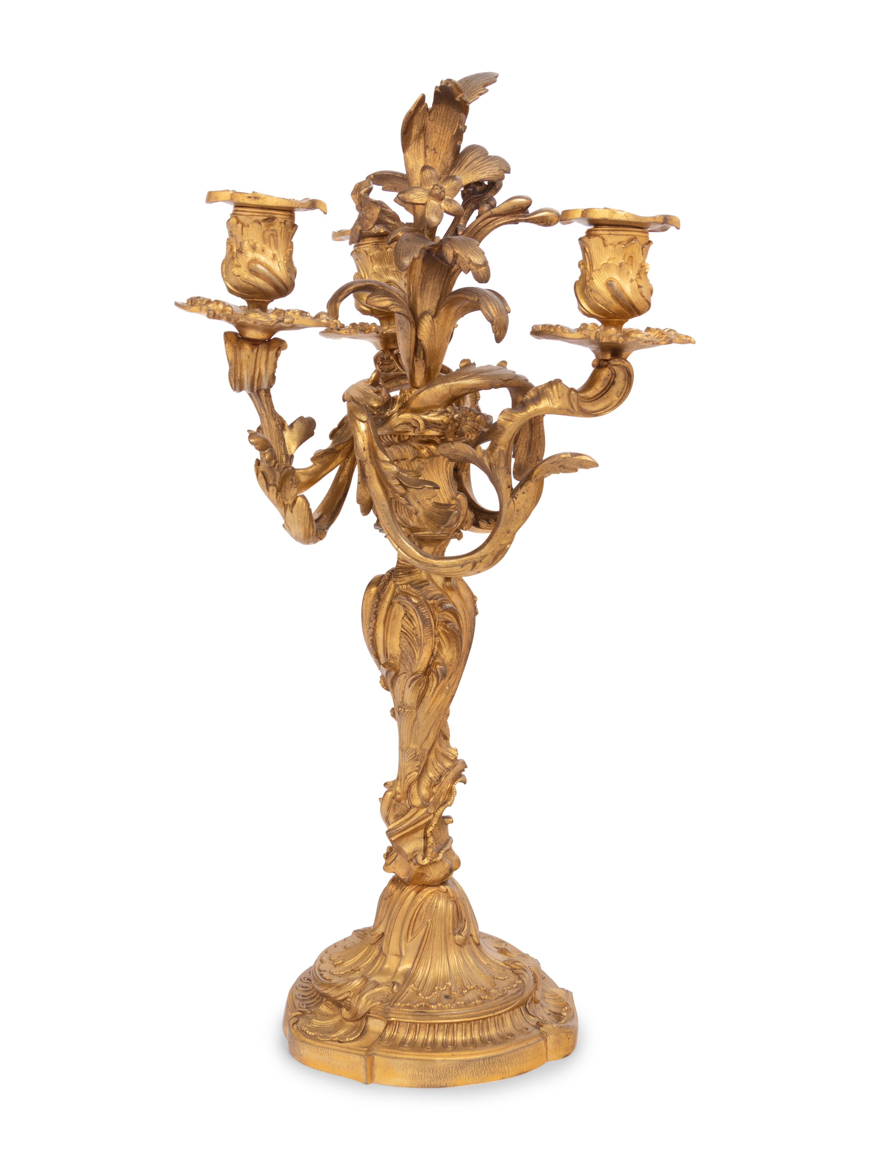 A Louis XV Style Gilt Bronze Three-Light Candelabrum
