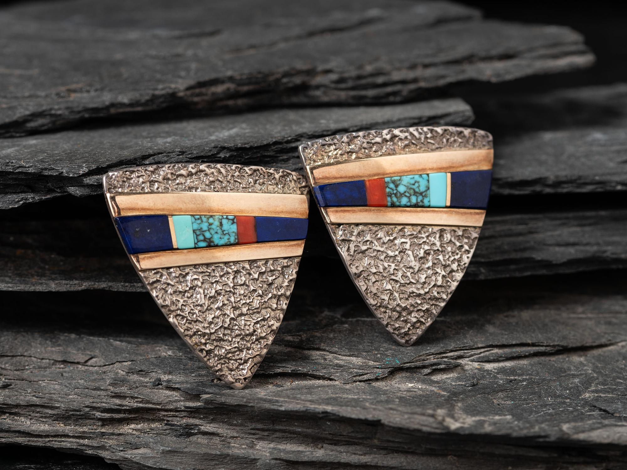 Tufa Cast Shield Clip Earrings with Inlay and 14K Gold Accents